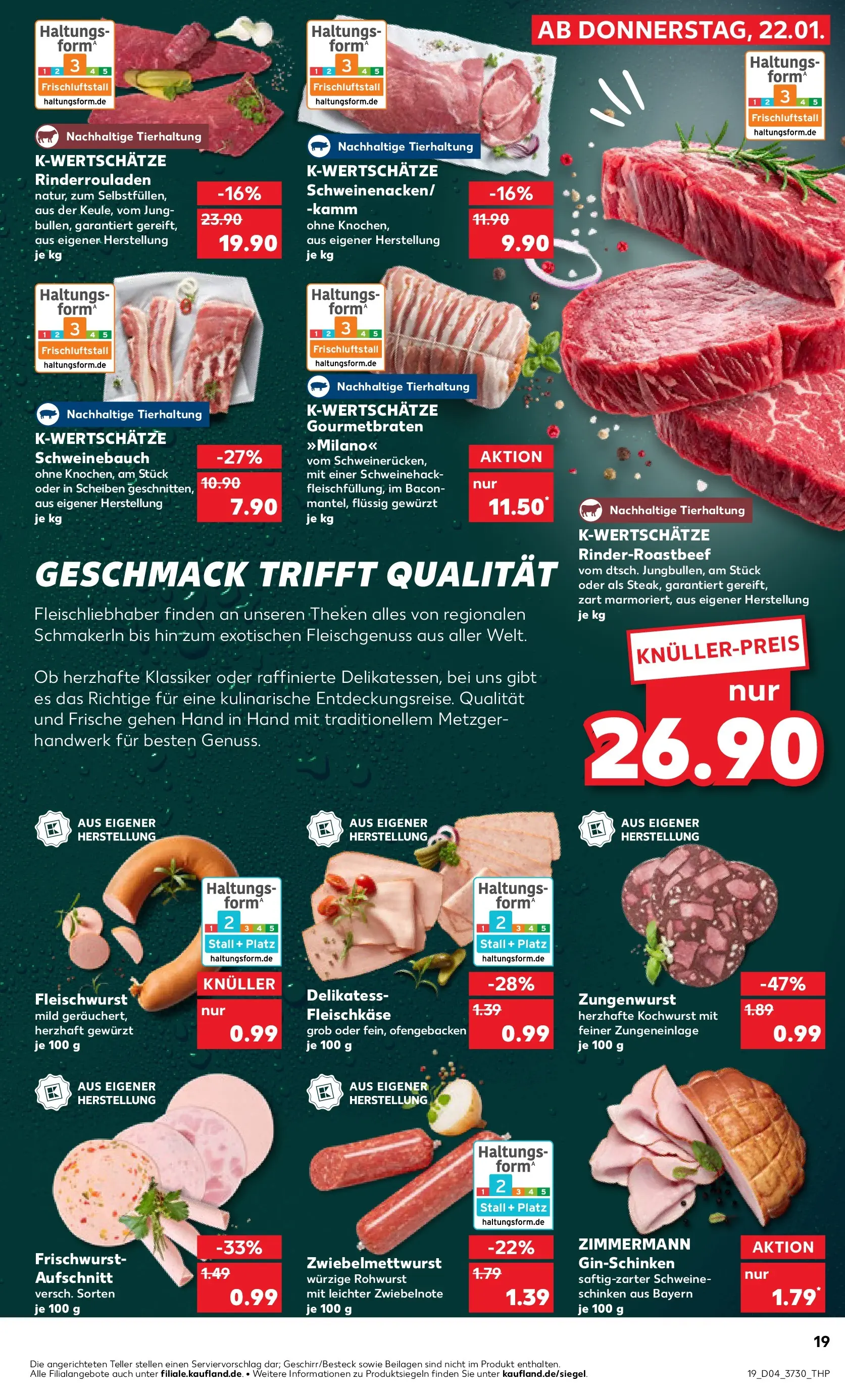 Prospekt Kaufland ab 22.01.2026 » Angebote Online zum Blättern | Seite: 19 | Produkte: Rinderrouladen, Schweinebauch, Schinken