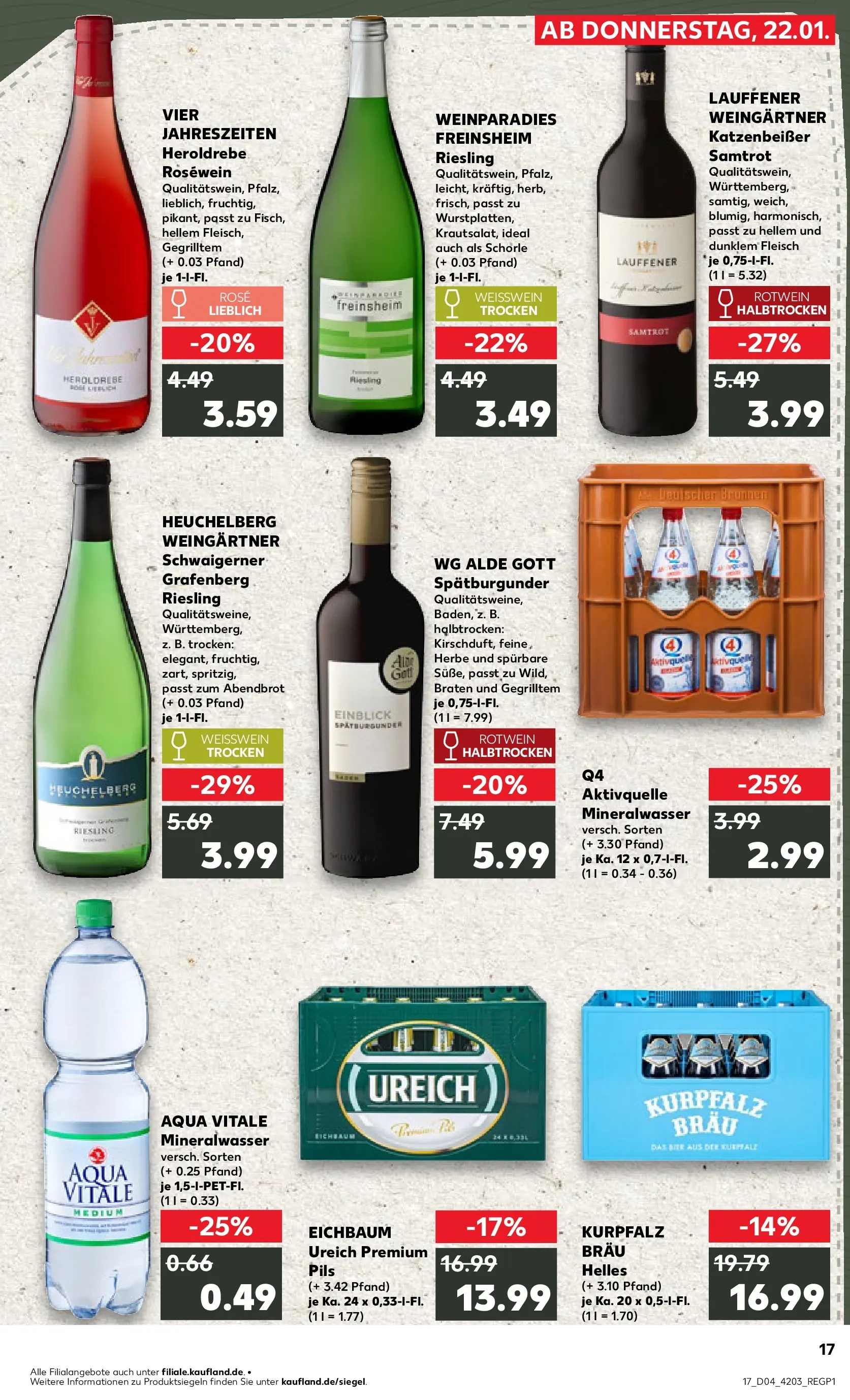 Prospekt Kaufland ab 22.01.2026 » Angebote Online zum Blättern | Seite: 17 | Produkte: Weißwein, Rotwein, Rotwein trocken, Mineralwasser