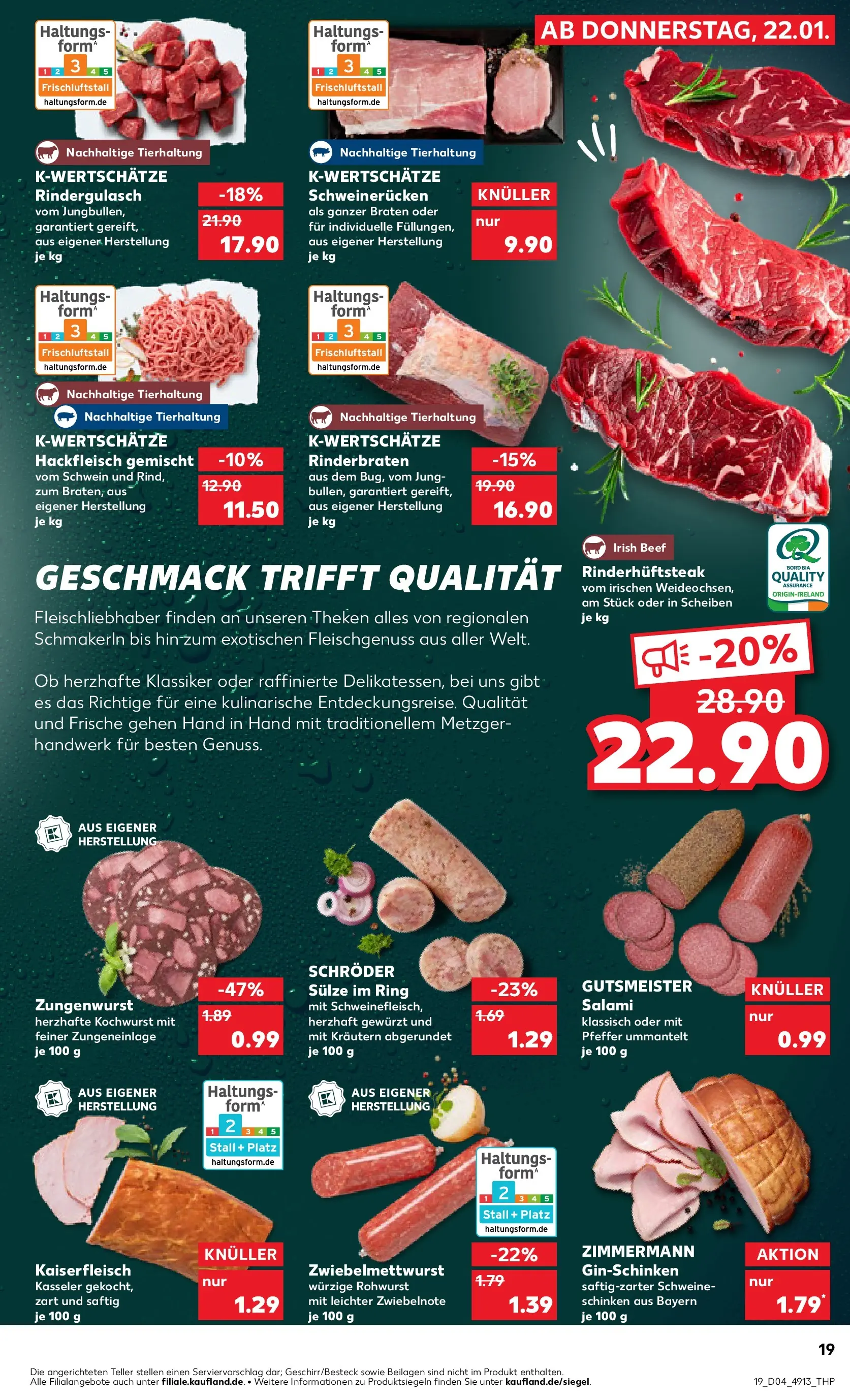 Prospekt Kaufland ab 22.01.2026 » Angebote Online zum Blättern | Seite: 19 | Produkte: Rinderbraten, Salami, Schinken, Hackfleisch