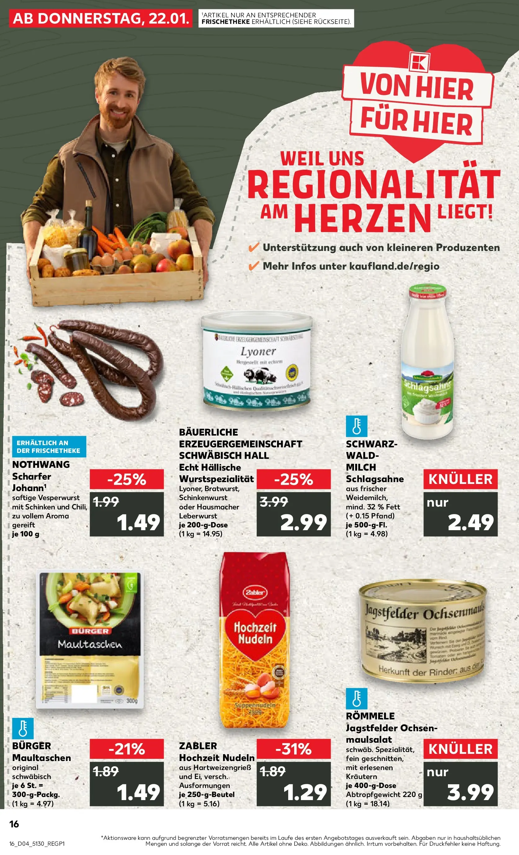 Prospekt Kaufland ab 22.01.2026 » Angebote Online zum Blättern | Seite: 16 | Produkte: Milch, Schinken, Nudeln, Maultaschen