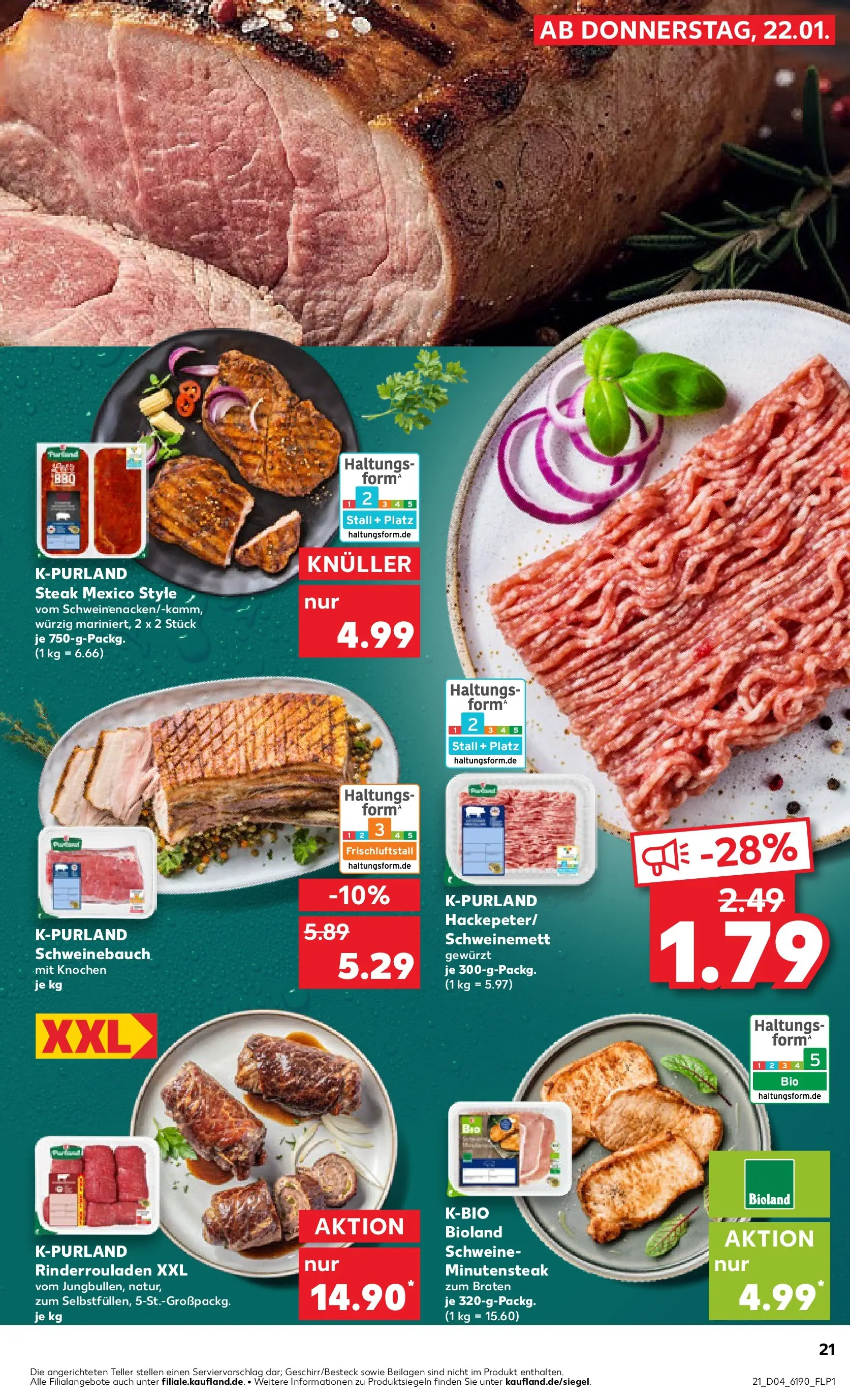 Prospekt Kaufland ab 22.01.2026 » Angebote Online zum Blättern | Seite: 21 | Produkte: Rinderrouladen, Schweinebauch, Steak