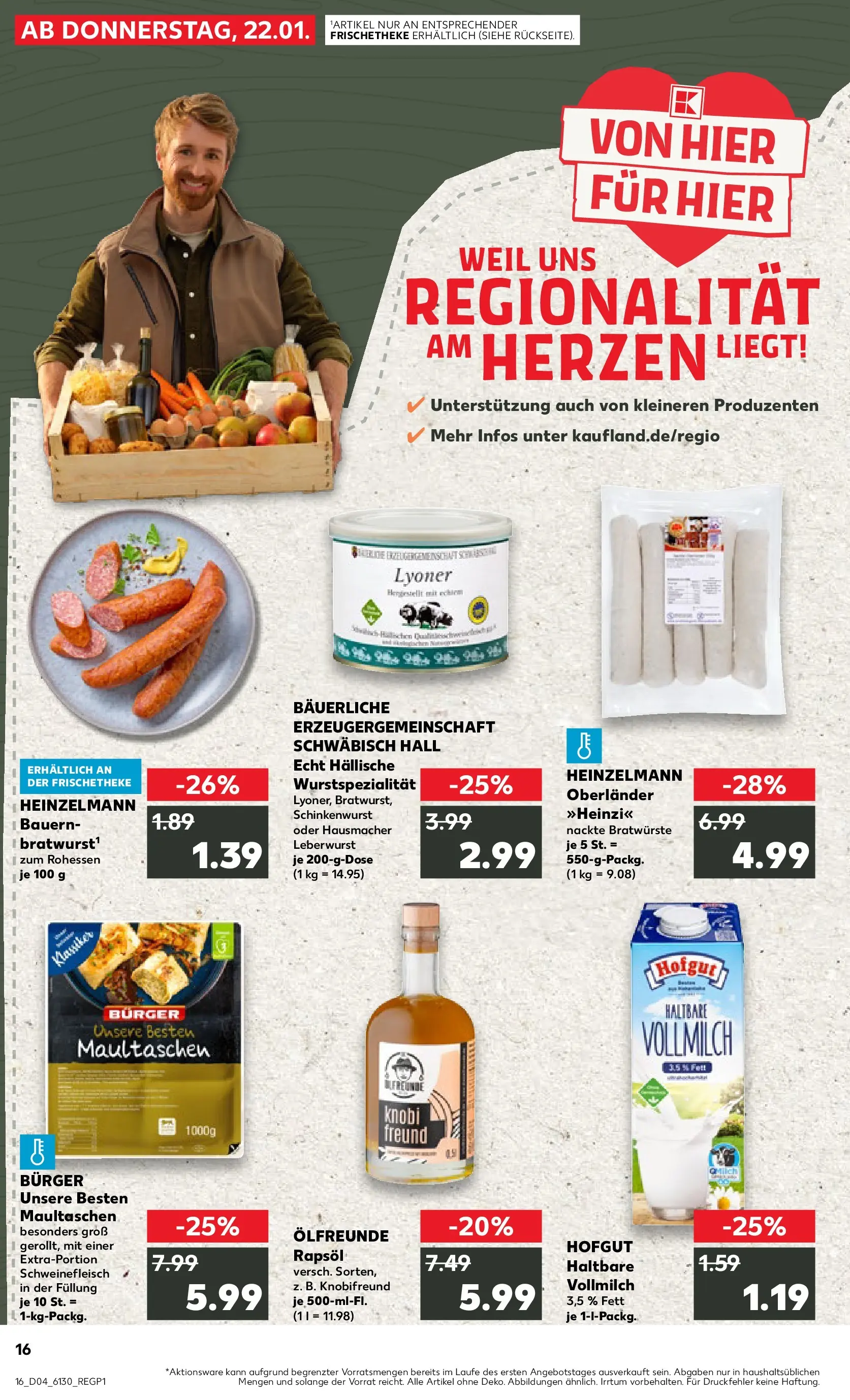 Prospekt Kaufland ab 22.01.2026 » Angebote Online zum Blättern | Seite: 16 | Produkte: Rapsöl, Burger, Schweinefleisch, Maultaschen