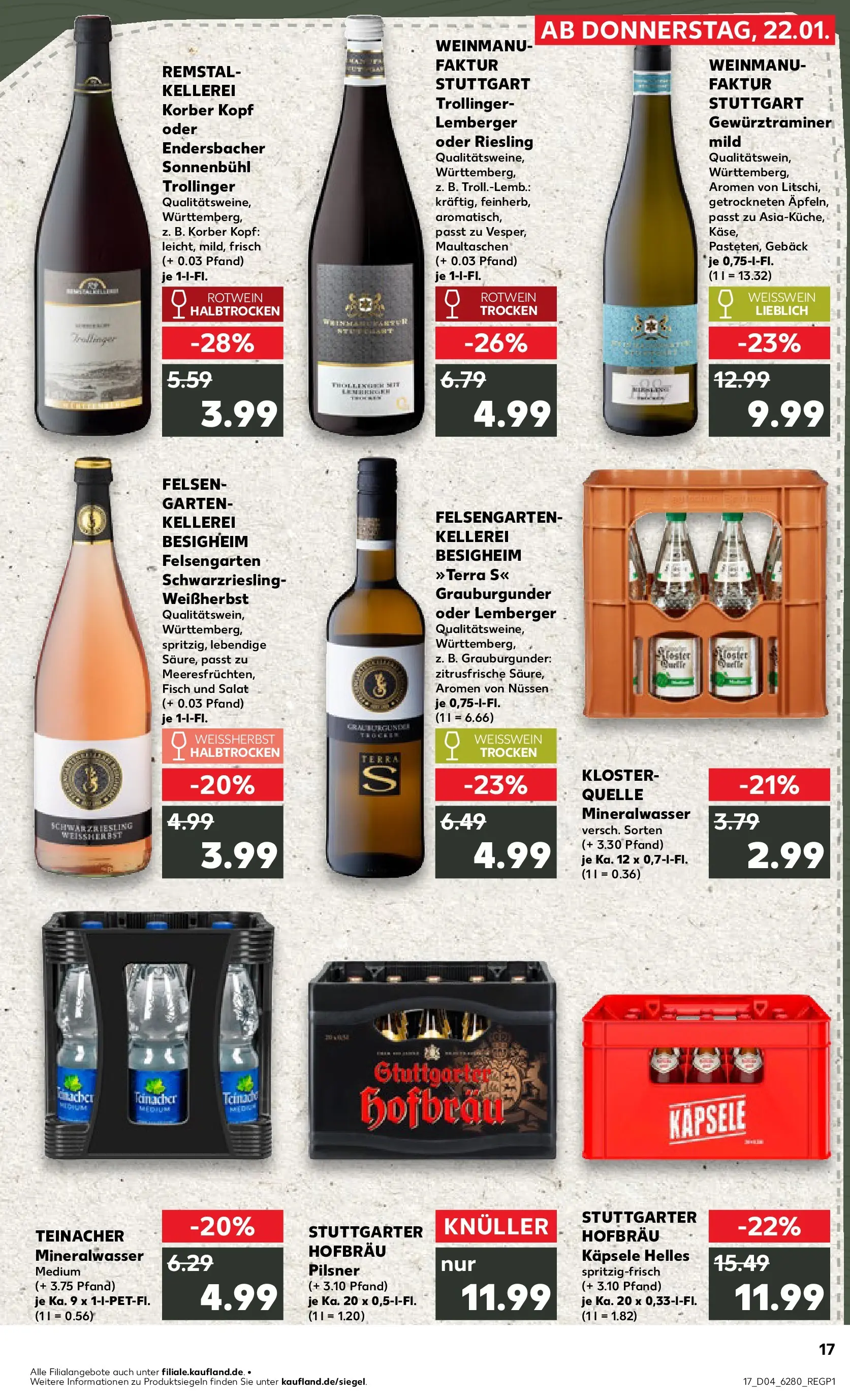 Prospekt Kaufland ab 22.01.2026 » Angebote Online zum Blättern | Seite: 17 | Produkte: Weißwein, Mineralwasser, Fisch, Maultaschen