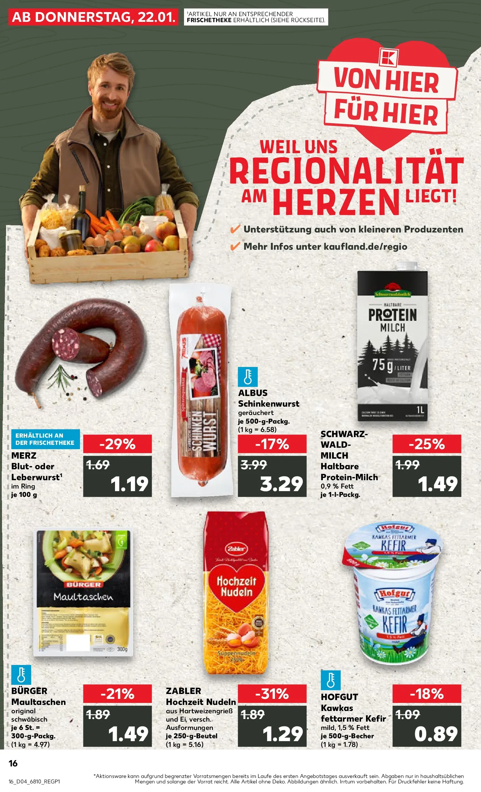 Prospekt Kaufland ab 22.01.2026 » Angebote Online zum Blättern | Seite: 1 | Produkte: Kefir, Burger, Schinken, Maultaschen
