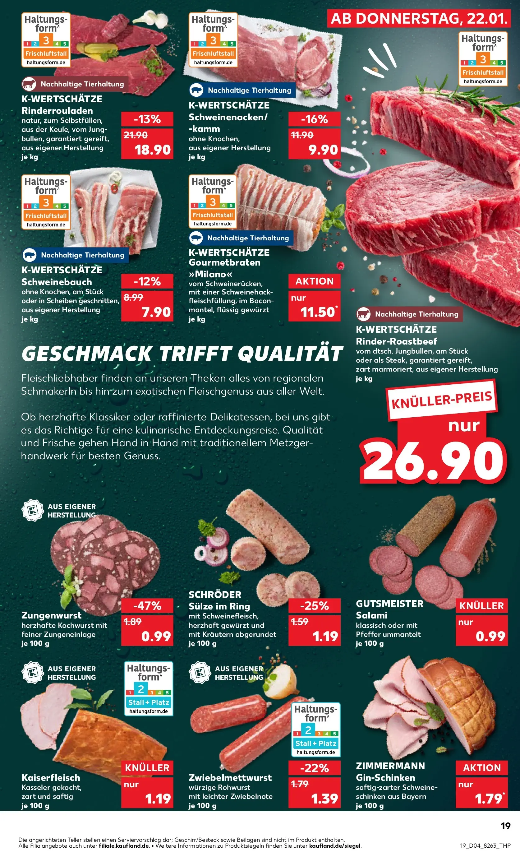 Prospekt Kaufland ab 22.01.2026 » Angebote Online zum Blättern | Seite: 19 | Produkte: Rinderrouladen, Schweinebauch, Pfeffer, Schinken
