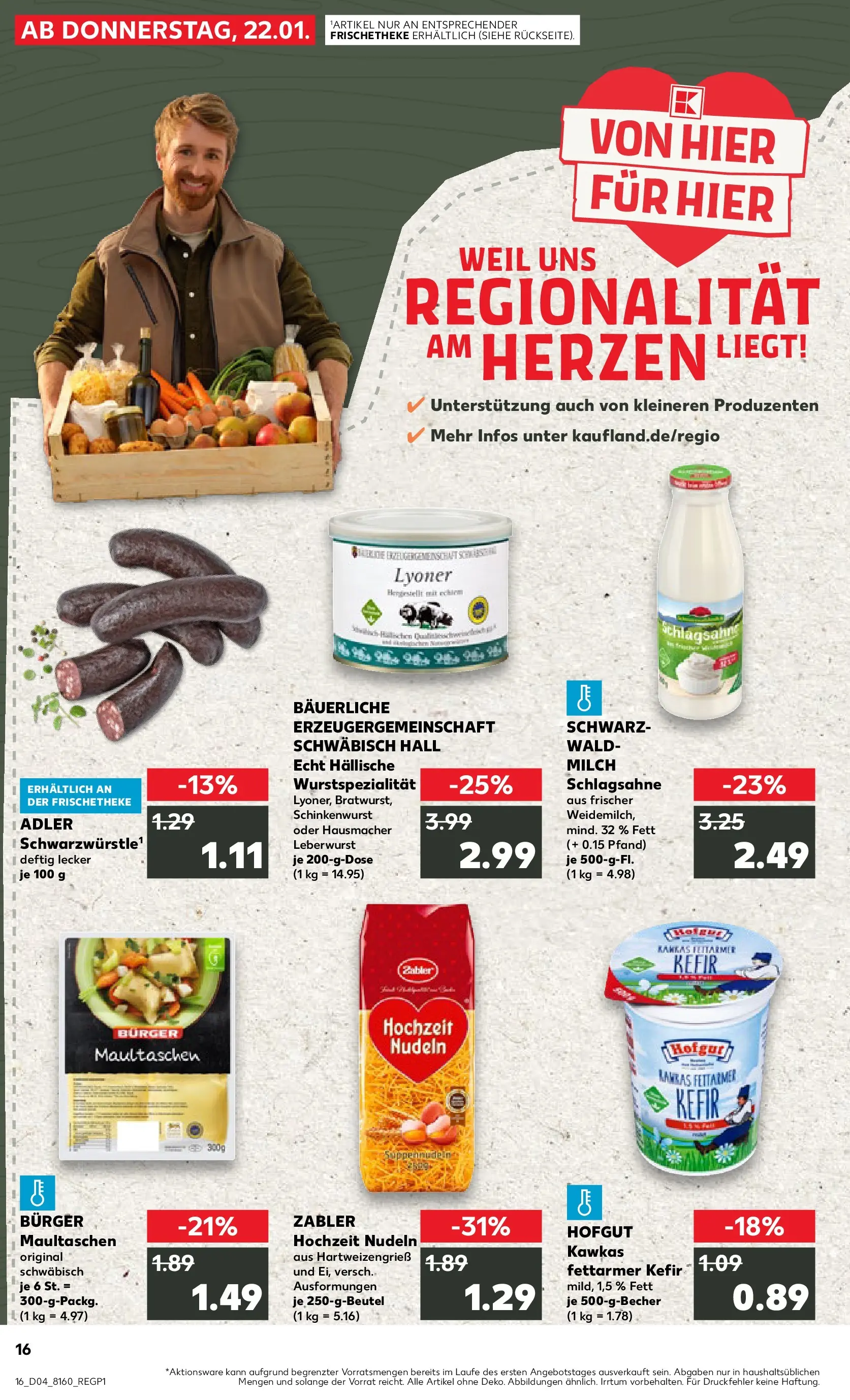 Prospekt Kaufland ab 22.01.2026 » Angebote Online zum Blättern | Seite: 1 | Produkte: Kefir, Schlagsahne, Milch, Burger
