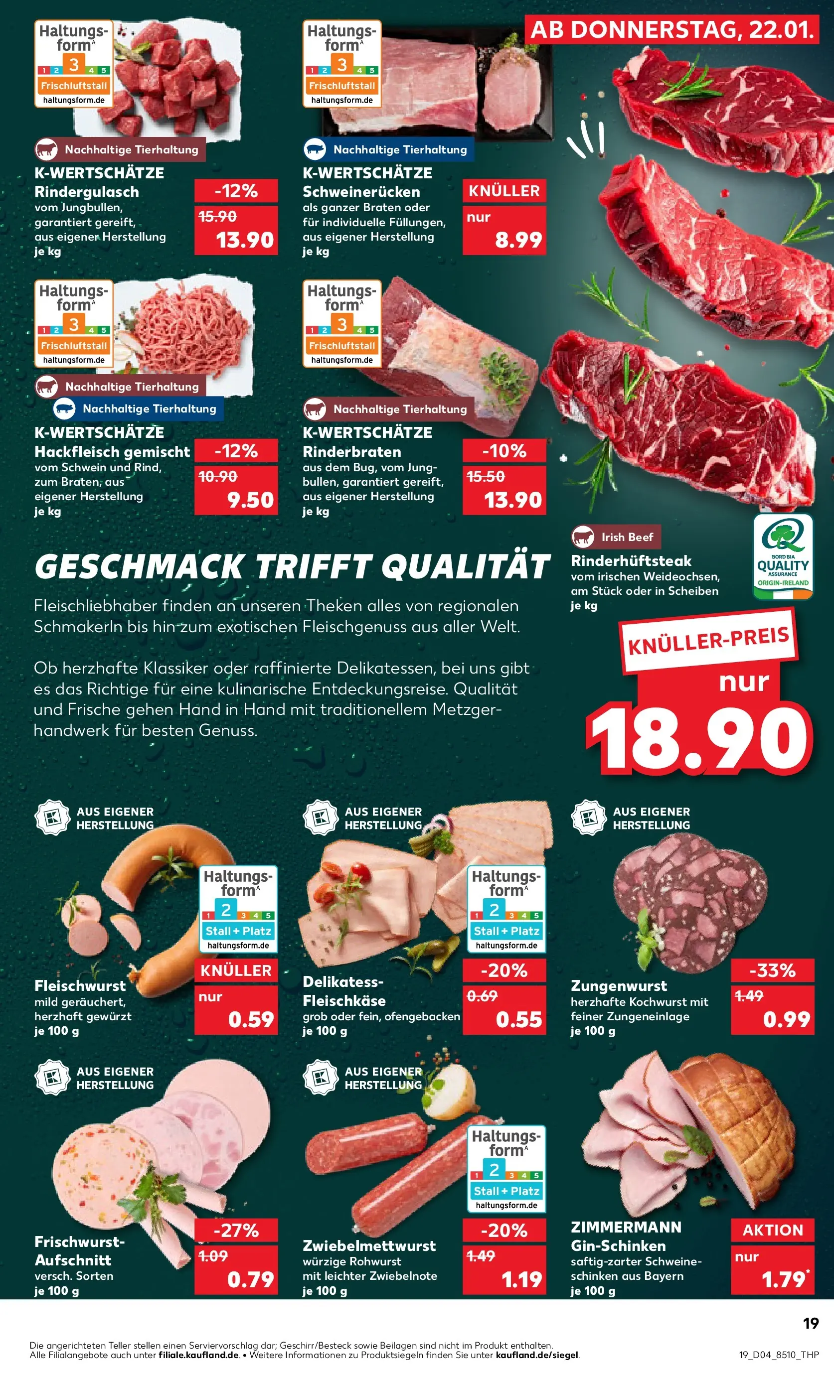 Prospekt Kaufland ab 22.01.2026 » Angebote Online zum Blättern | Seite: 19 | Produkte: Rinderbraten, Schweinerucken, Schinken, Hackfleisch