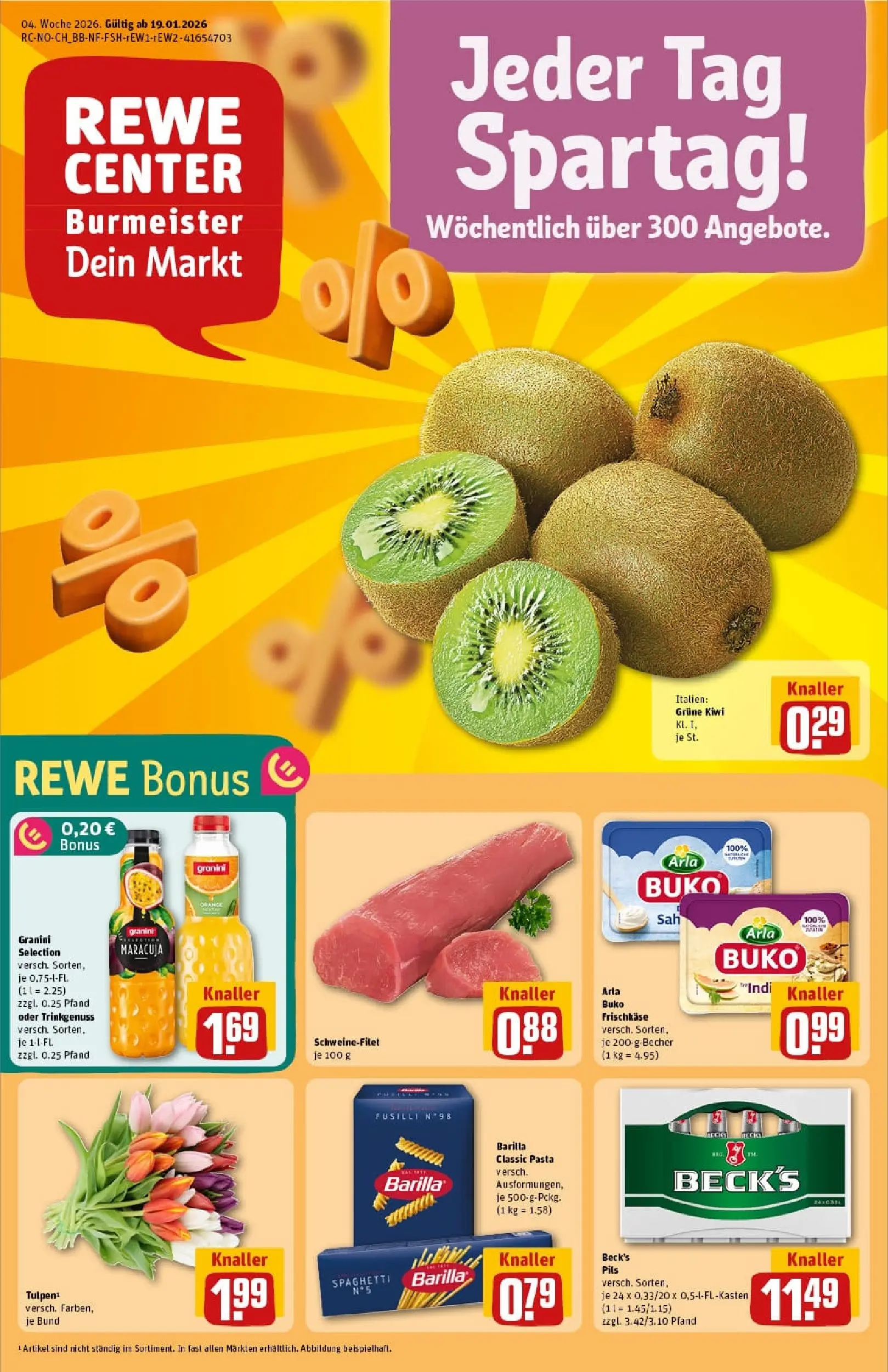 REWE Prospekt ab 18.01.2026 zum Blättern » Angebote | Seite: 1 | Produkte: Barilla, Arla buko, Pasta, Kiwi
