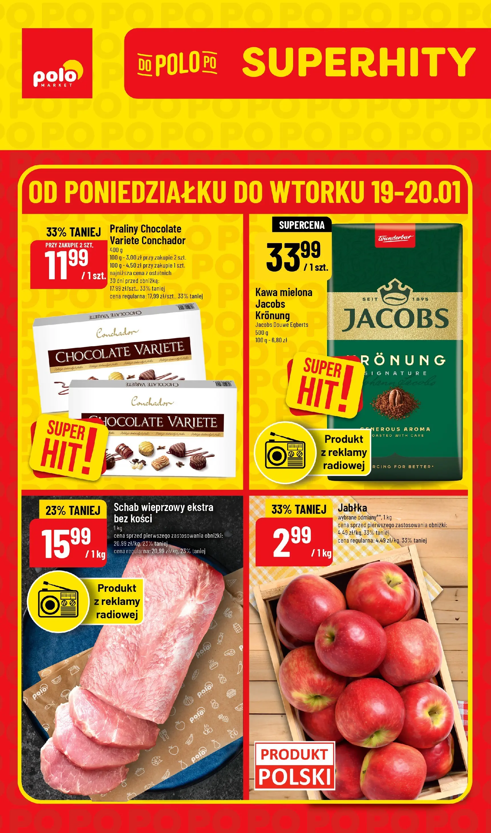Nowa POLOmarket gazetka od jutra 19.01.2026 (PDF) | Strona: 1 | Produkty: Schab, Schab wieprzowy, Praliny, Kawa