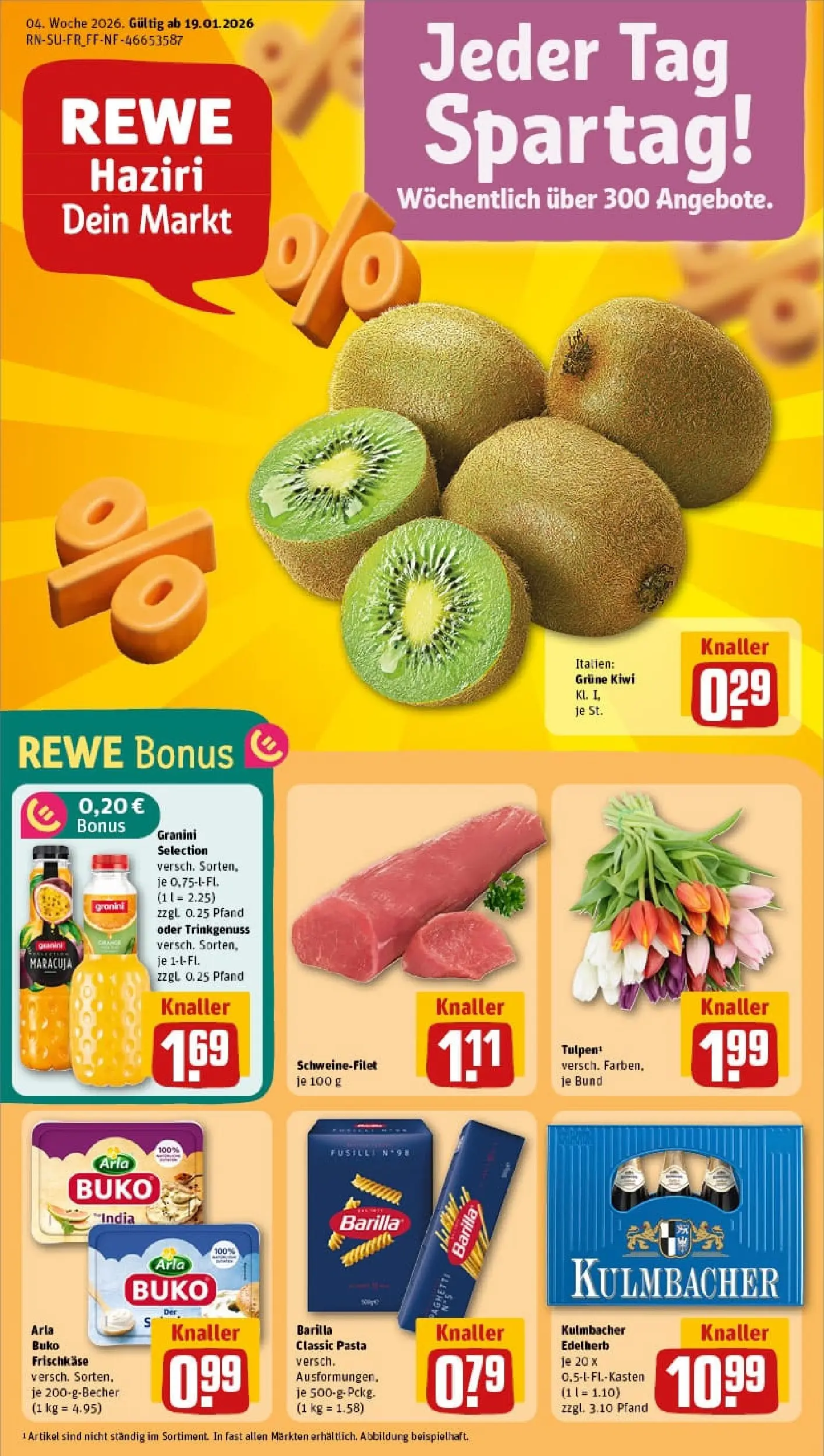 REWE Prospekt ab 18.01.2026 zum Blättern » Angebote | Seite: 1 | Produkte: Barilla, Schweinefilet, Arla buko, Kiwi