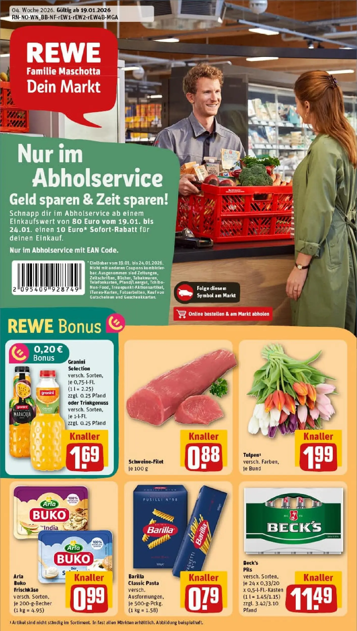 REWE Prospekt ab 18.01.2026 zum Blättern » Angebote | Seite: 1 | Produkte: Barilla, Schweinefilet, Arla buko, Granini