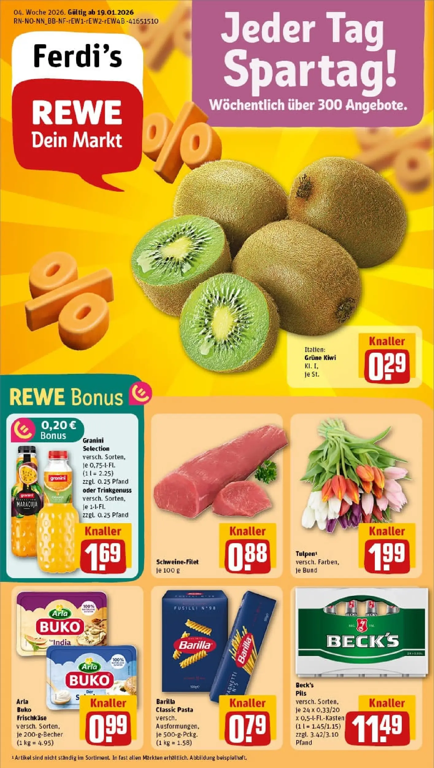 REWE Prospekt ab 18.01.2026 zum Blättern » Angebote | Seite: 1 | Produkte: Pils, Schweinefilet, Arla buko, Granini