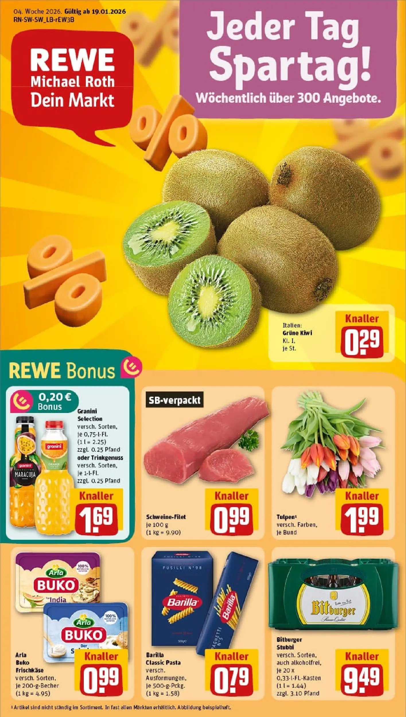 REWE Prospekt ab 19.01.2026 zum Blättern » Angebote | Seite: 1 | Produkte: Schweinefilet, Arla buko, Granini, Pasta