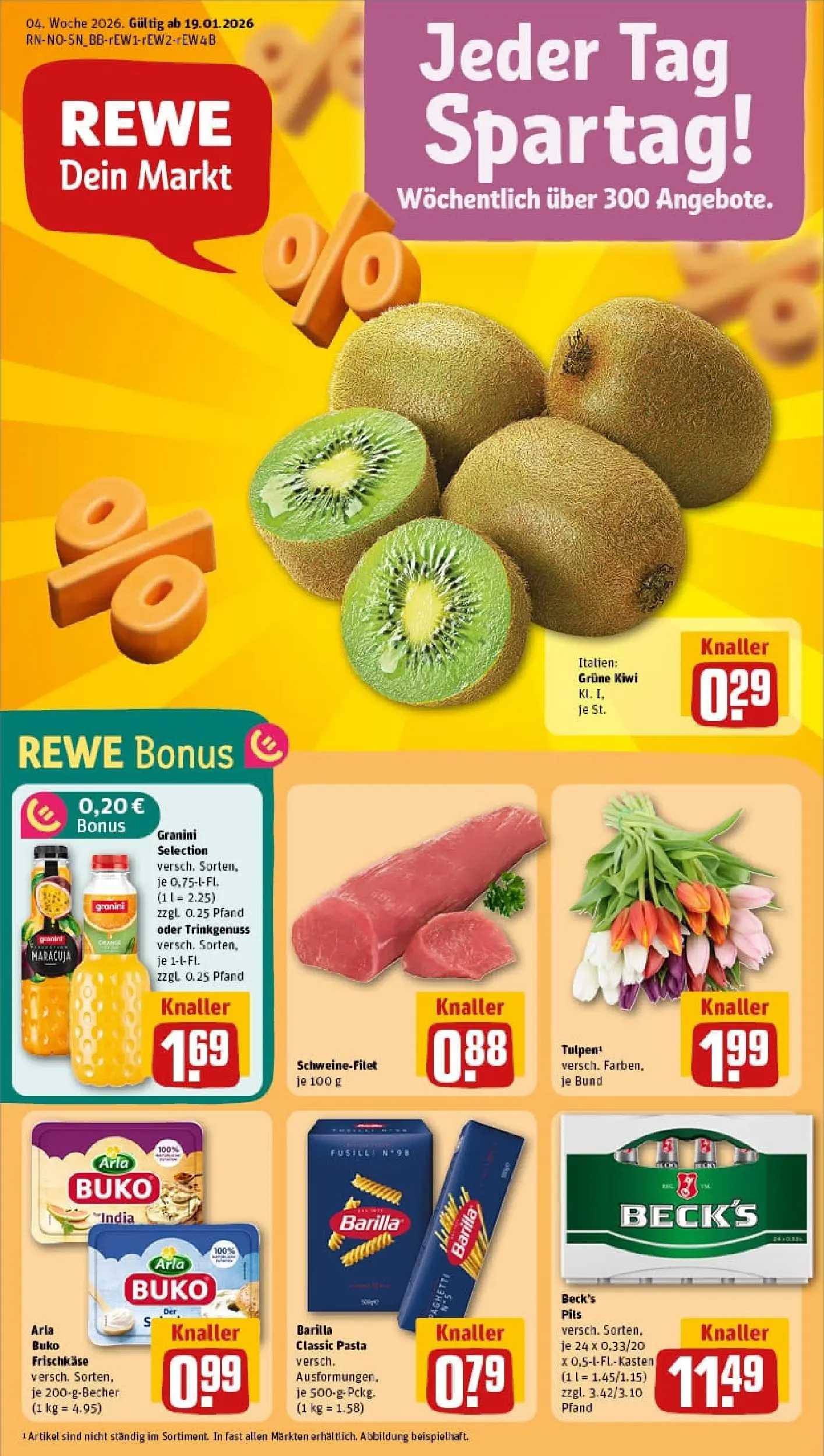REWE Prospekt ab 18.01.2026 zum Blättern » Angebote | Seite: 1 | Produkte: Pils, Arla buko, Pasta, Kiwi