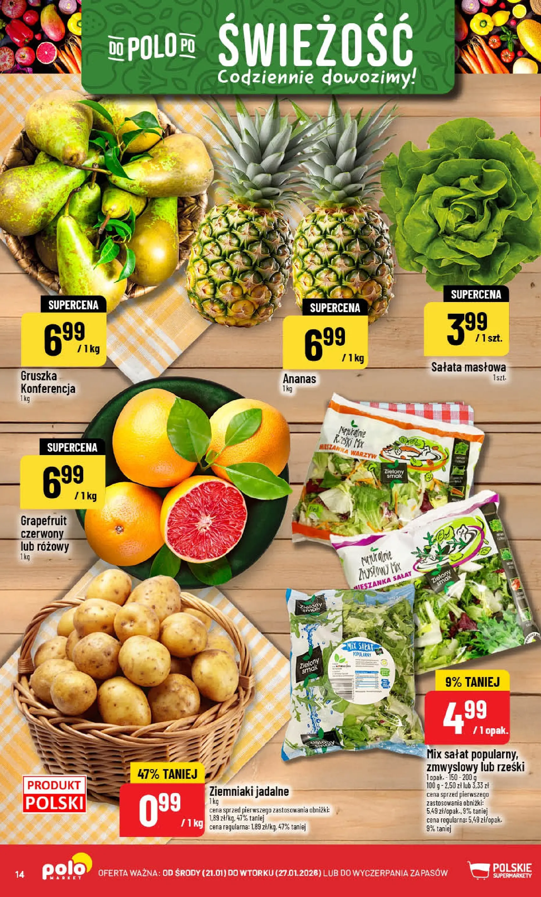 Nowa POLOmarket gazetka od jutra 21.01.2026 (PDF) | Strona: 14 | Produkty: Mix sałat, Ananas, Mieszanka warzyw, Ziemniaki