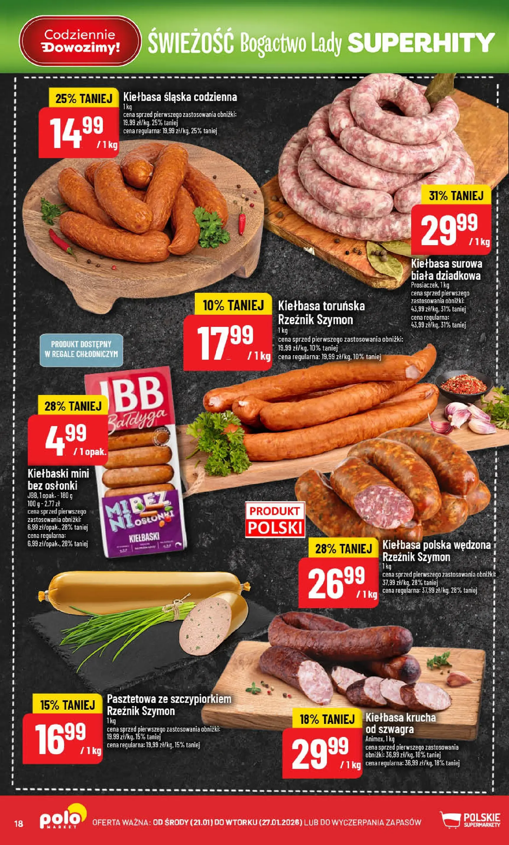 Nowa POLOmarket gazetka od jutra 21.01.2026 (PDF) | Strona: 18 | Produkty: Kiełbasa, Kiełbaski, Kiełbasa śląska