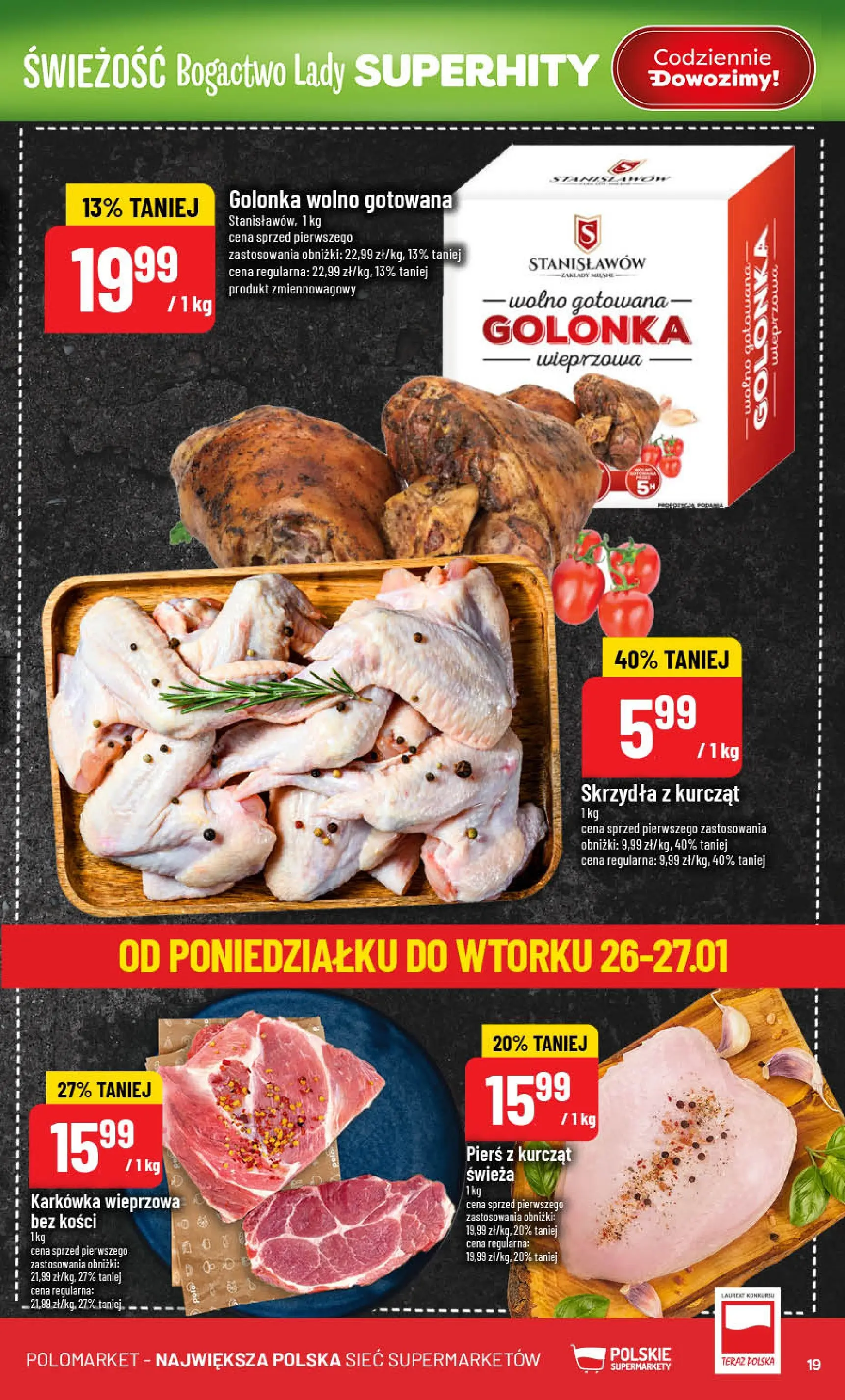 Nowa POLOmarket gazetka od jutra 21.01.2026 (PDF) | Strona: 19 | Produkty: Karkówka, Karkówka wieprzowa, Golonka wieprzowa, Wino