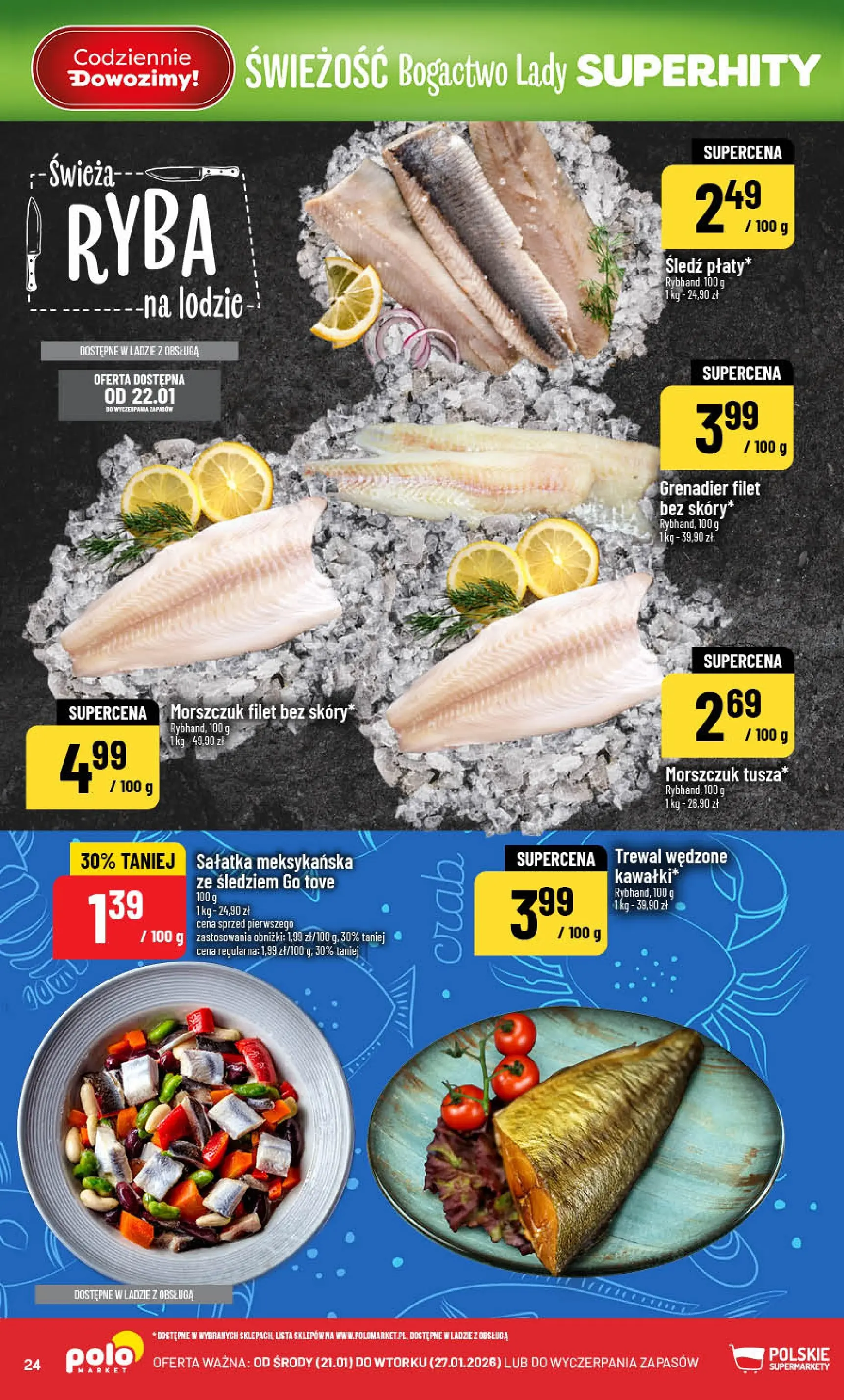 Nowa POLOmarket gazetka od jutra 21.01.2026 (PDF) | Strona: 24 | Produkty: Śledź, Trewal, Morszczuk, Ryba