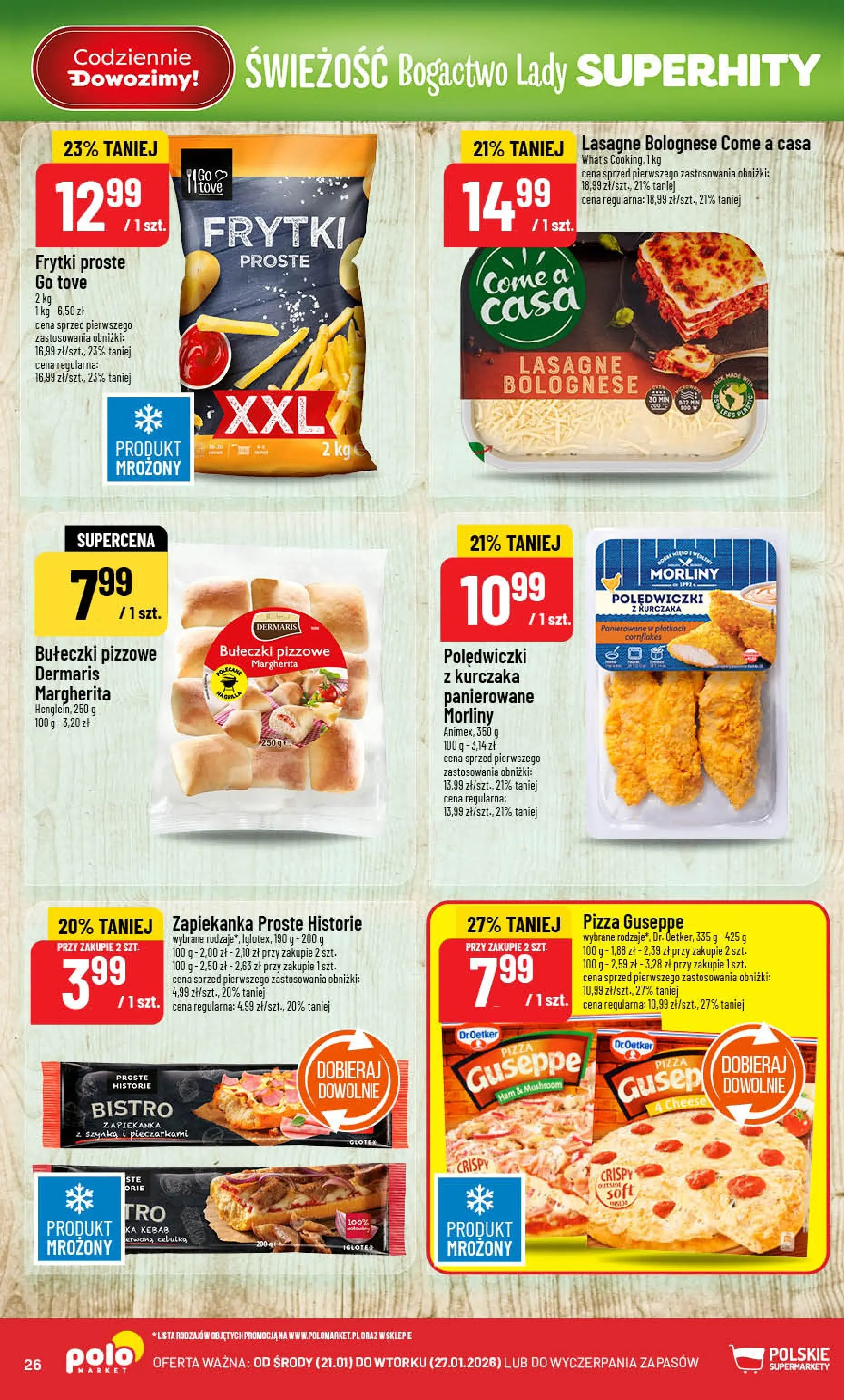 Nowa POLOmarket gazetka od jutra 21.01.2026 (PDF) | Strona: 26 | Produkty: Szynka, Pizza, Lasagne bolognese, Frytki