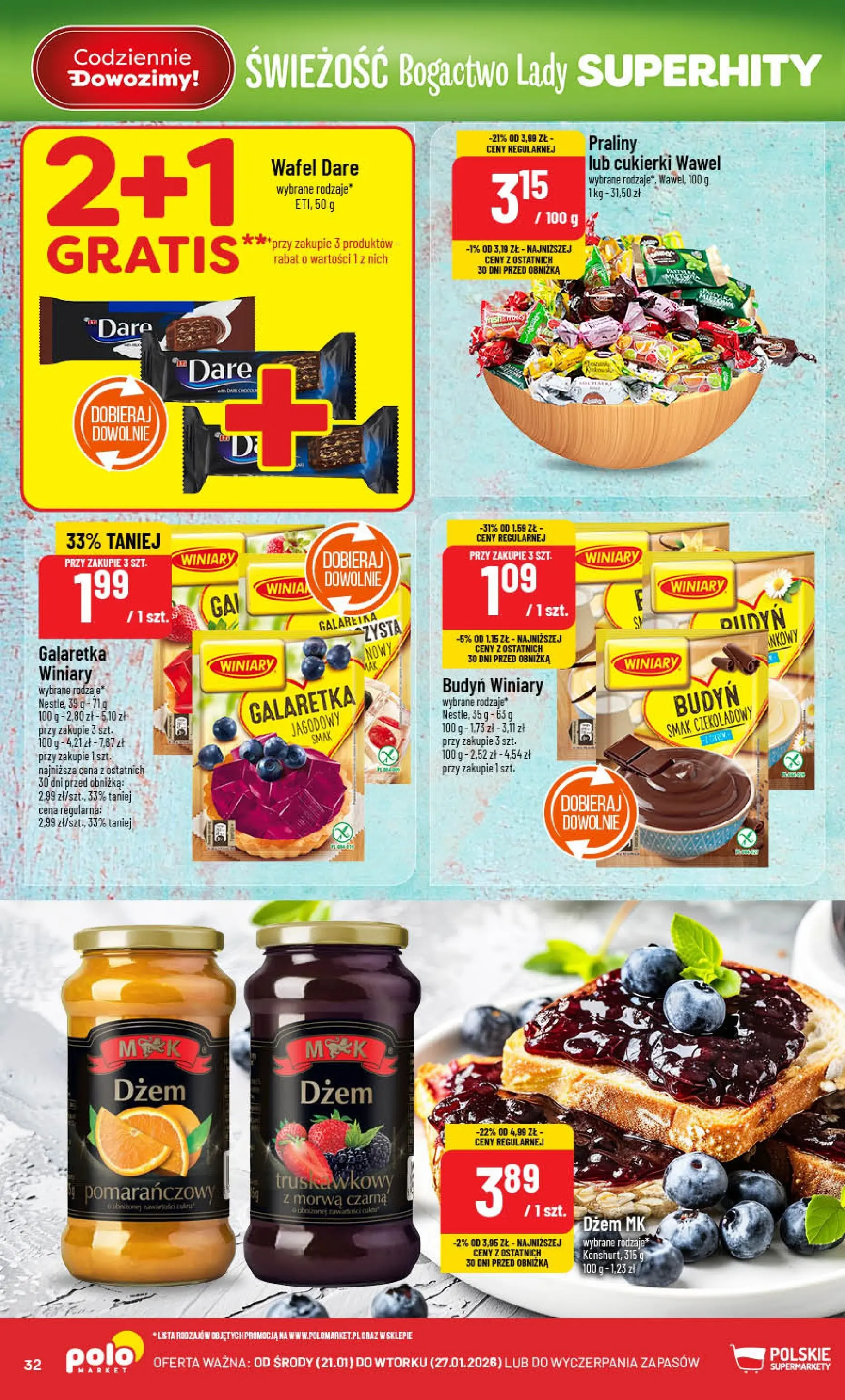 Nowa POLOmarket gazetka od jutra 21.01.2026 (PDF) | Strona: 32 | Produkty: Galaretka, Praliny, Dżem, Cukierki