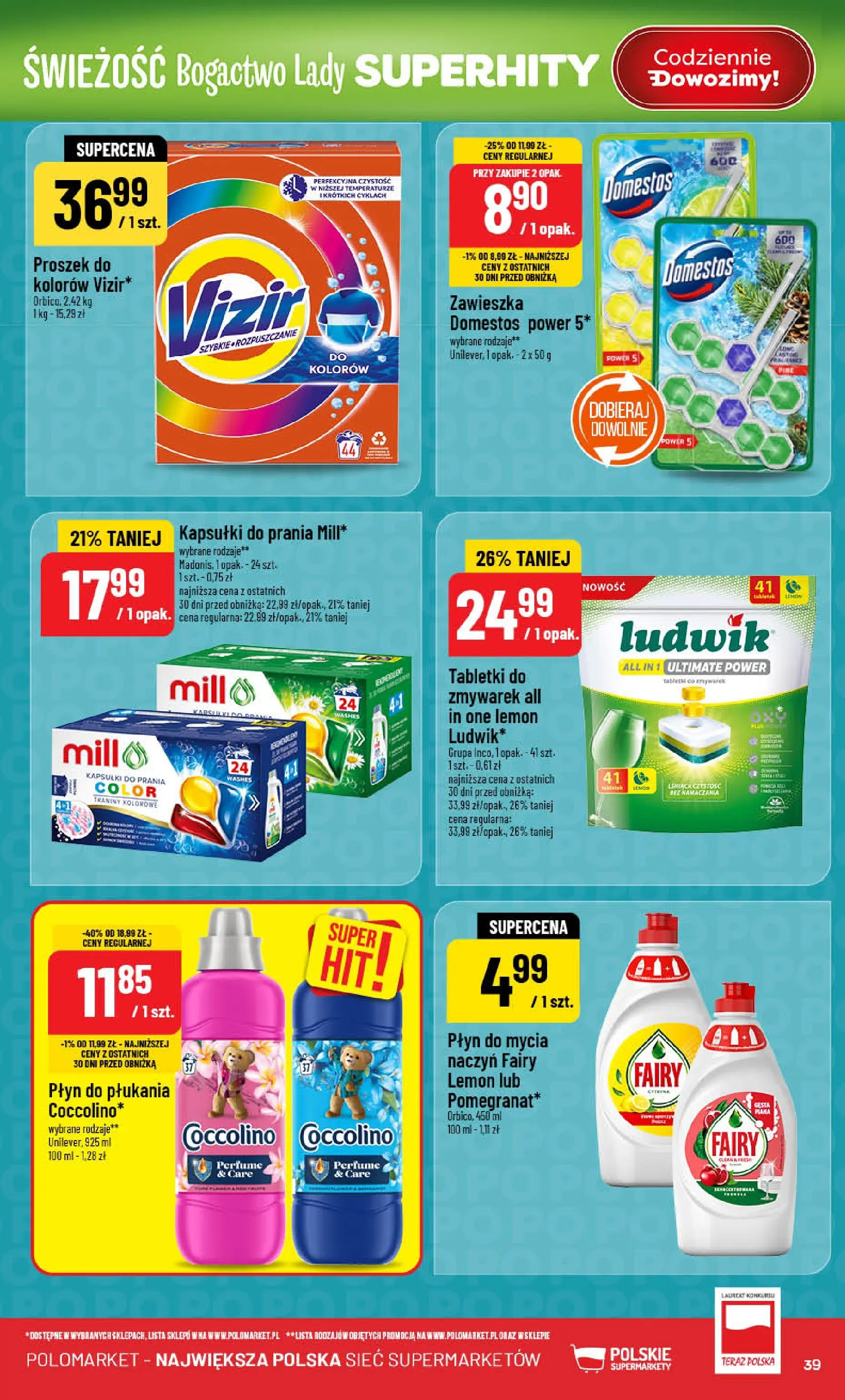 Nowa POLOmarket gazetka od jutra 21.01.2026 (PDF) | Strona: 39 | Produkty: Coccolino, Domestos, Kapsułki do prania, Fairy
