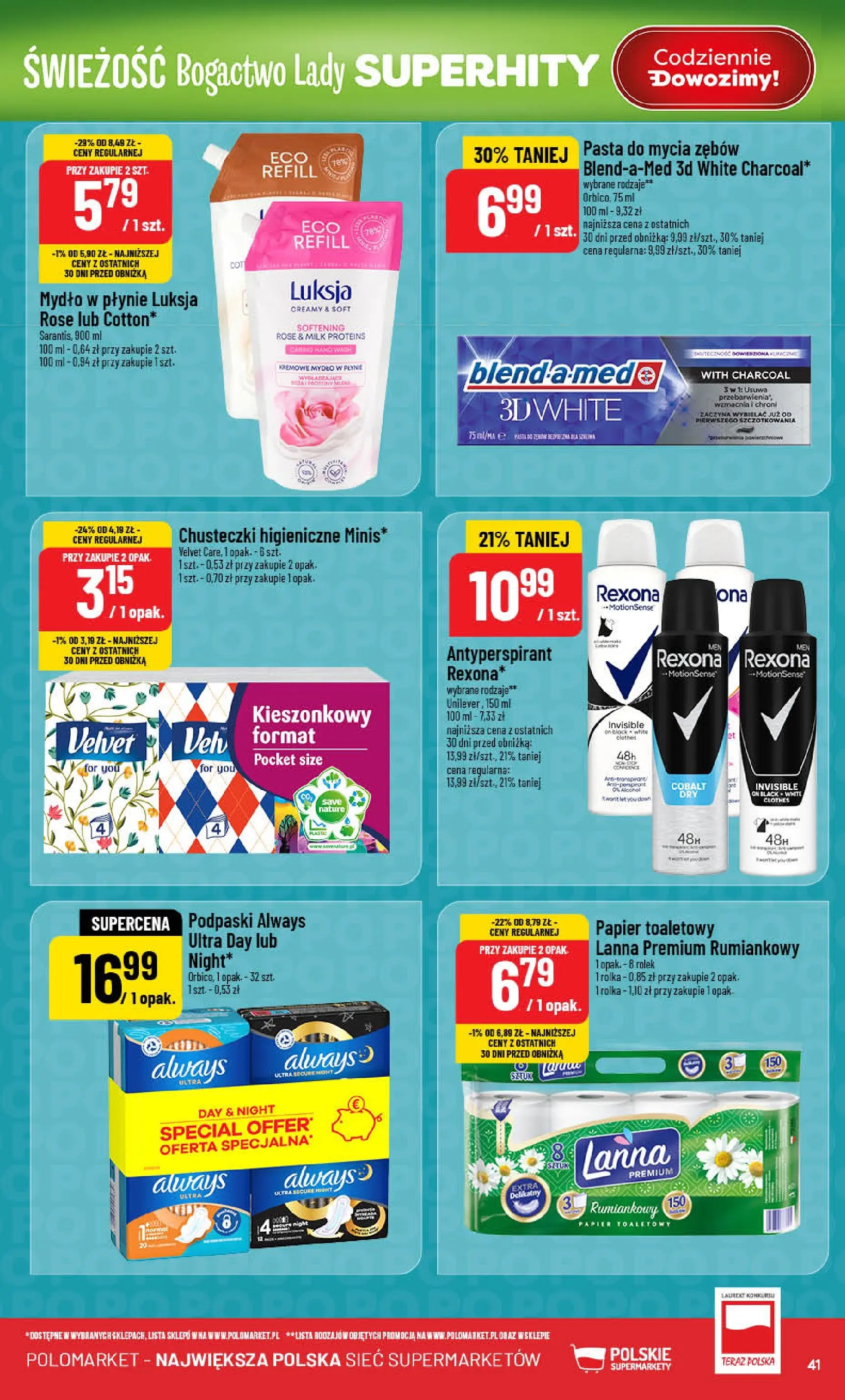 Nowa POLOmarket gazetka od jutra 21.01.2026 (PDF) | Strona: 41 | Produkty: Kremowe mydło w płynie, Papier toaletowy, Mydło w płynie, Chusteczki higieniczne
