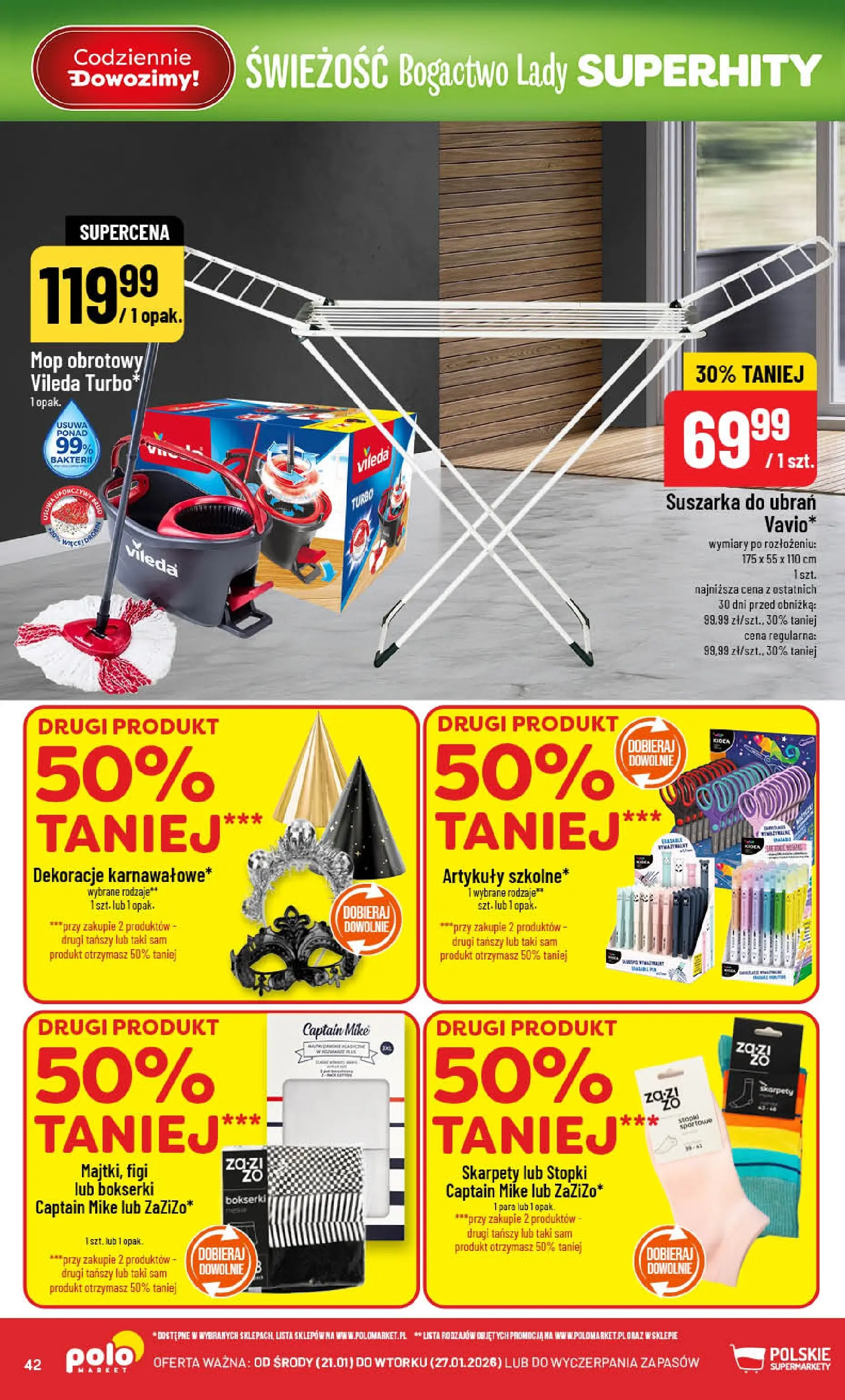 Nowa POLOmarket gazetka od jutra 21.01.2026 (PDF) | Strona: 42 | Produkty: Skarpety, Mop obrotowy vileda, Mop obrotowy, Vileda