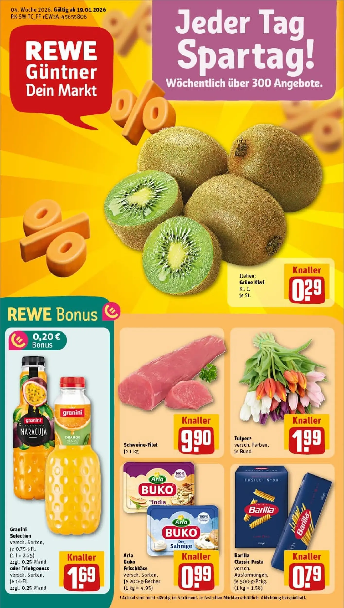 REWE Prospekt ab 19.01.2026 zum Blättern » Angebote | Seite: 1 | Produkte: Schweinefilet, Granini, Pasta, Frischkase