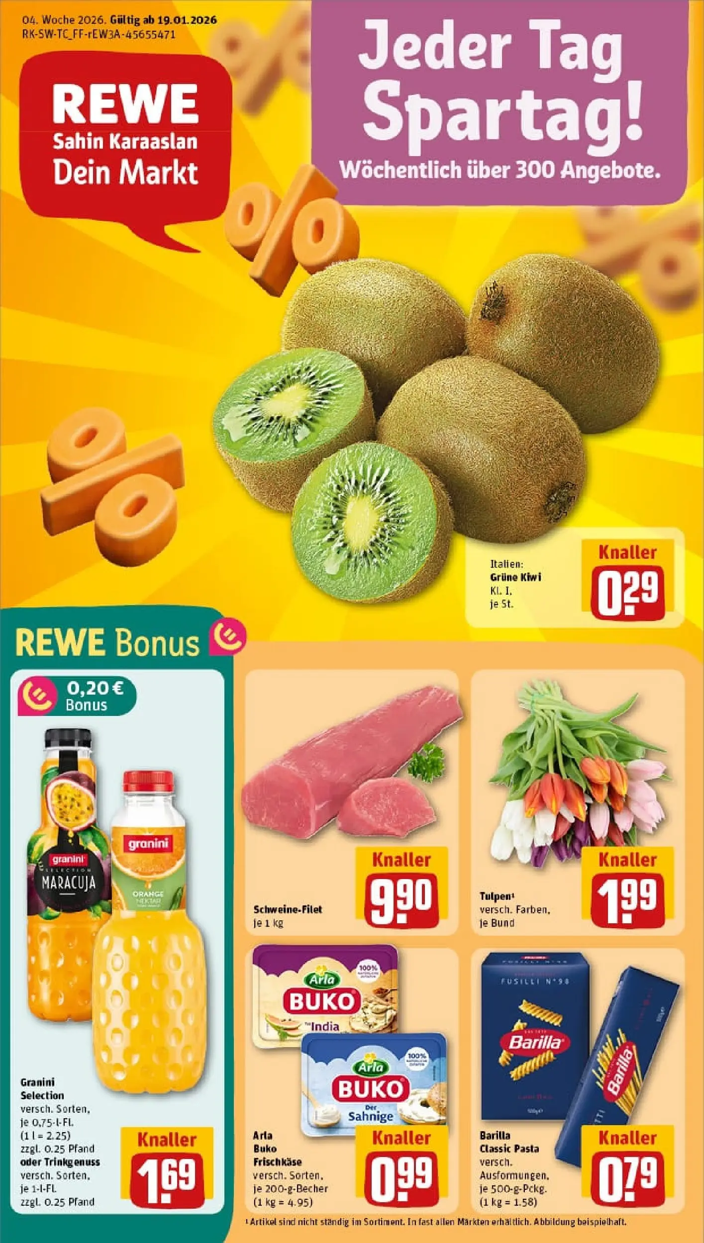 REWE Prospekt ab 18.01.2026 zum Blättern » Angebote | Seite: 1 | Produkte: Barilla, Schweinefilet, Arla buko, Kiwi