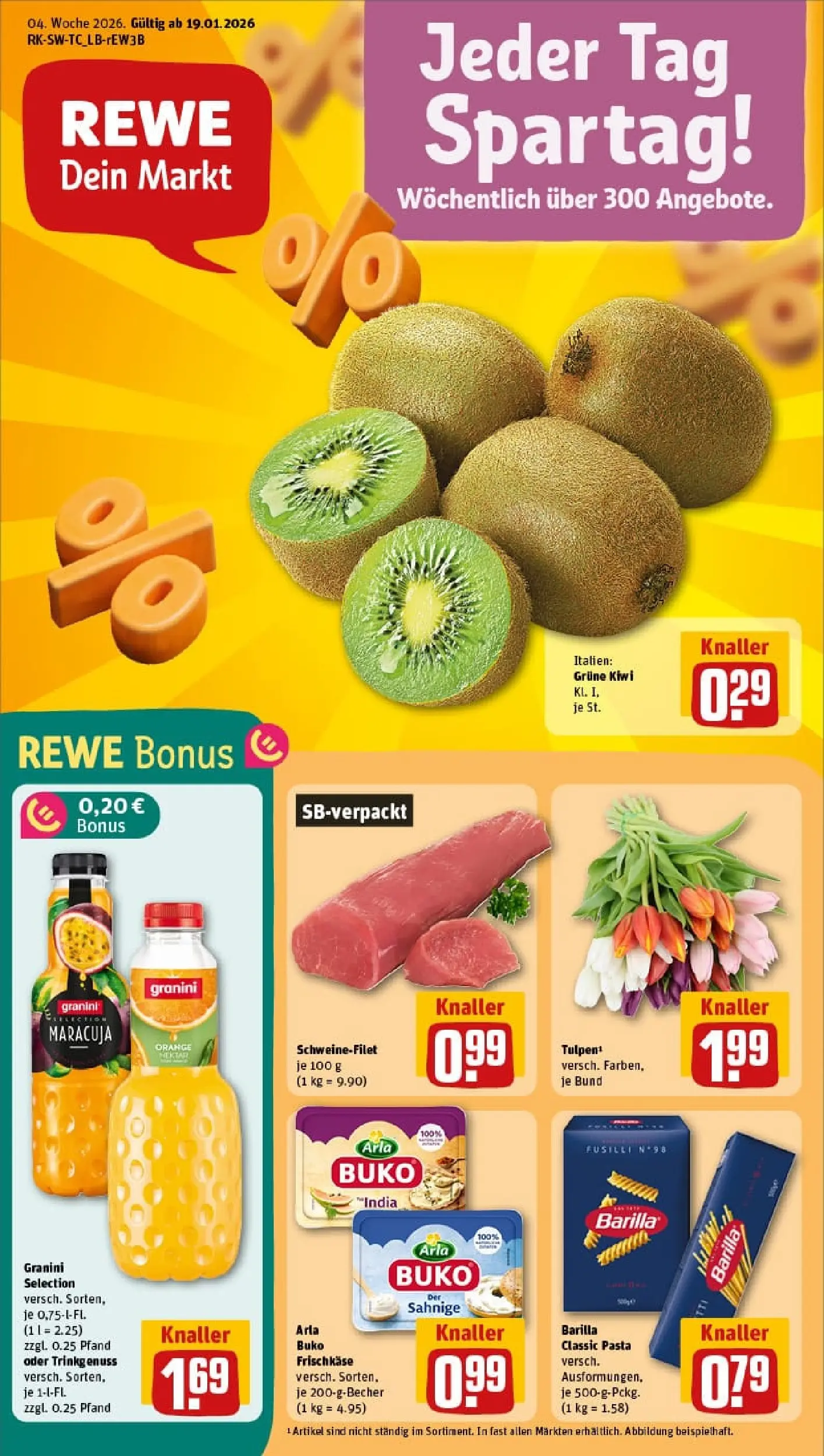 REWE Prospekt ab 19.01.2026 zum Blättern » Angebote | Seite: 1 | Produkte: Barilla, Arla buko, Granini, Frischkase