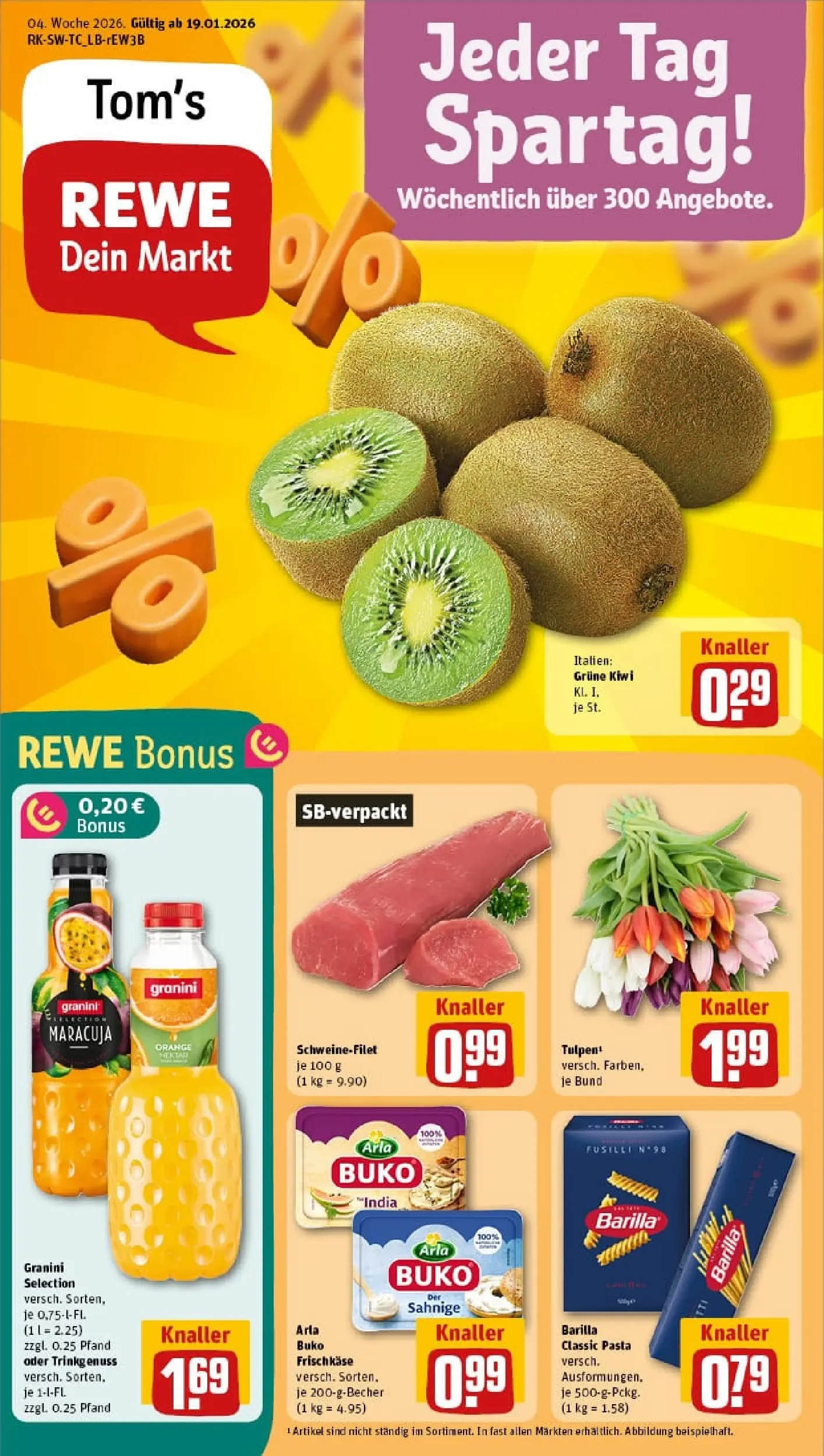 REWE Prospekt ab 18.01.2026 zum Blättern » Angebote | Seite: 1 | Produkte: Barilla, Arla buko, Kiwi, Frischkase