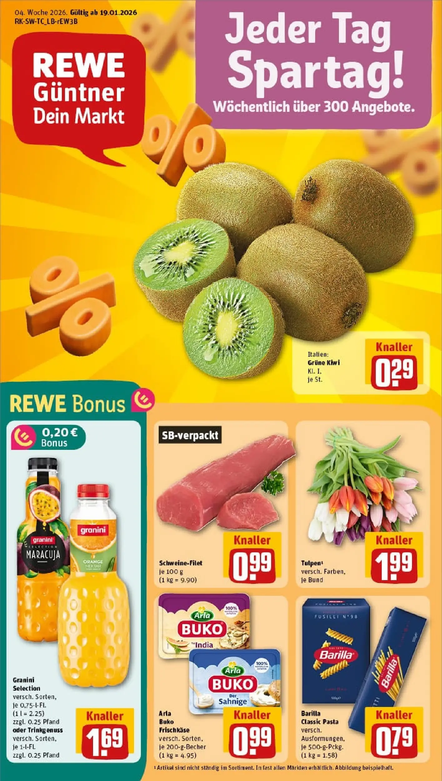 REWE Prospekt ab 18.01.2026 zum Blättern » Angebote | Seite: 1 | Produkte: Schweinefilet, Arla buko, Granini, Pasta