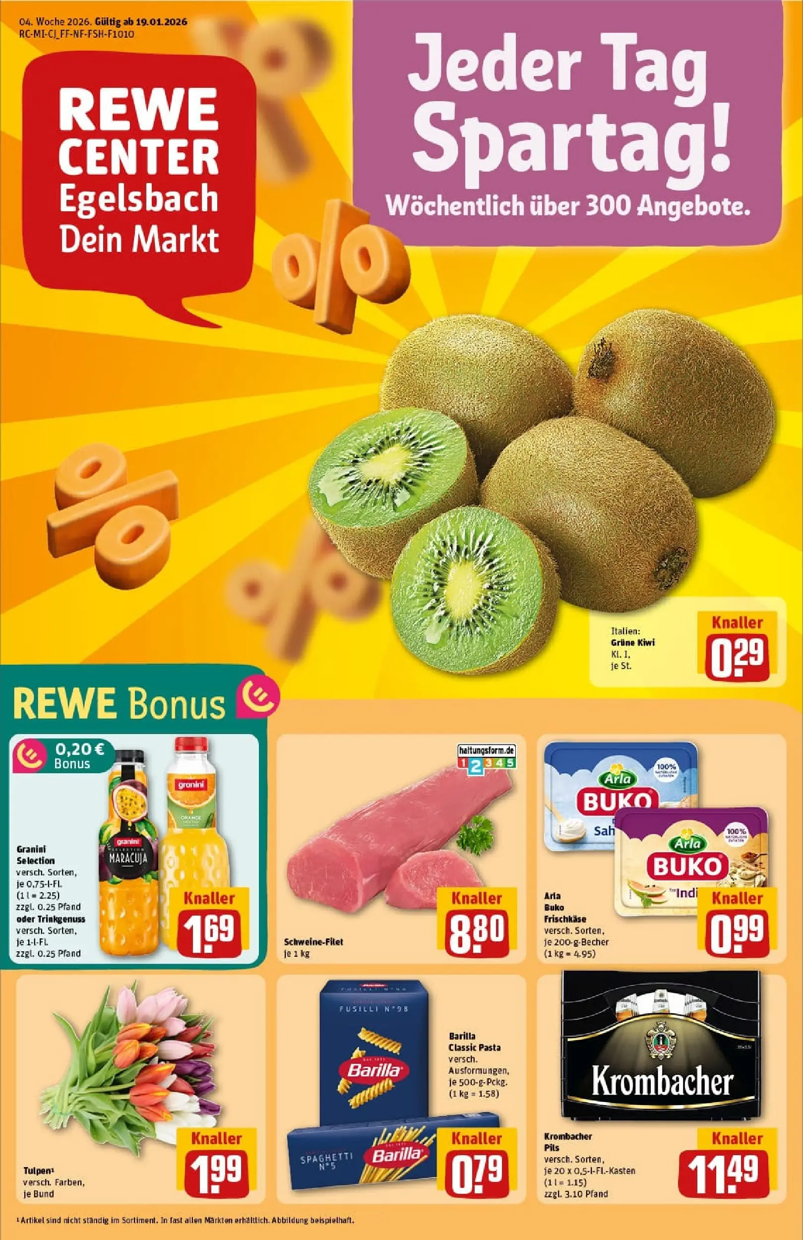REWE Prospekt ab 18.01.2026 zum Blättern » Angebote | Seite: 1 | Produkte: Barilla, Schweinefilet, Arla buko, Krombacher