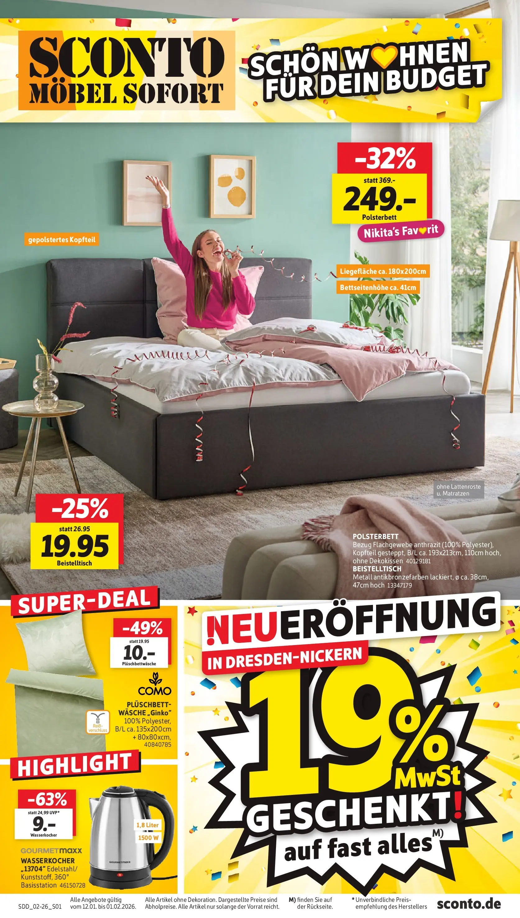 Sconto Prospekt 	 (ab 12.01.2026) zum Blättern | Seite: 1 | Produkte: Wasserkocher, Beistelltisch, Polsterbett