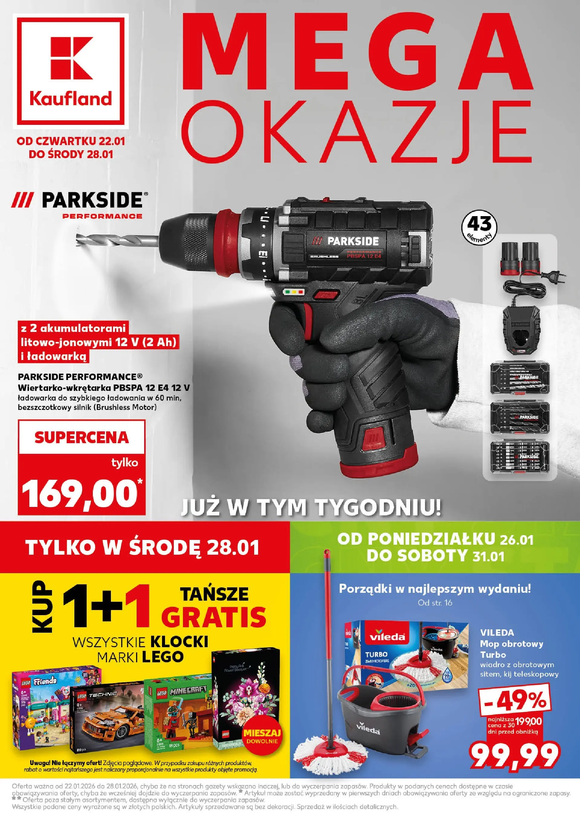 Kaufland gazetka - Mega okazje od 22.01.2026 - od jutra PDF | Strona: 1 | Produkty: Ładowarka, Lego, Mop obrotowy, Vileda
