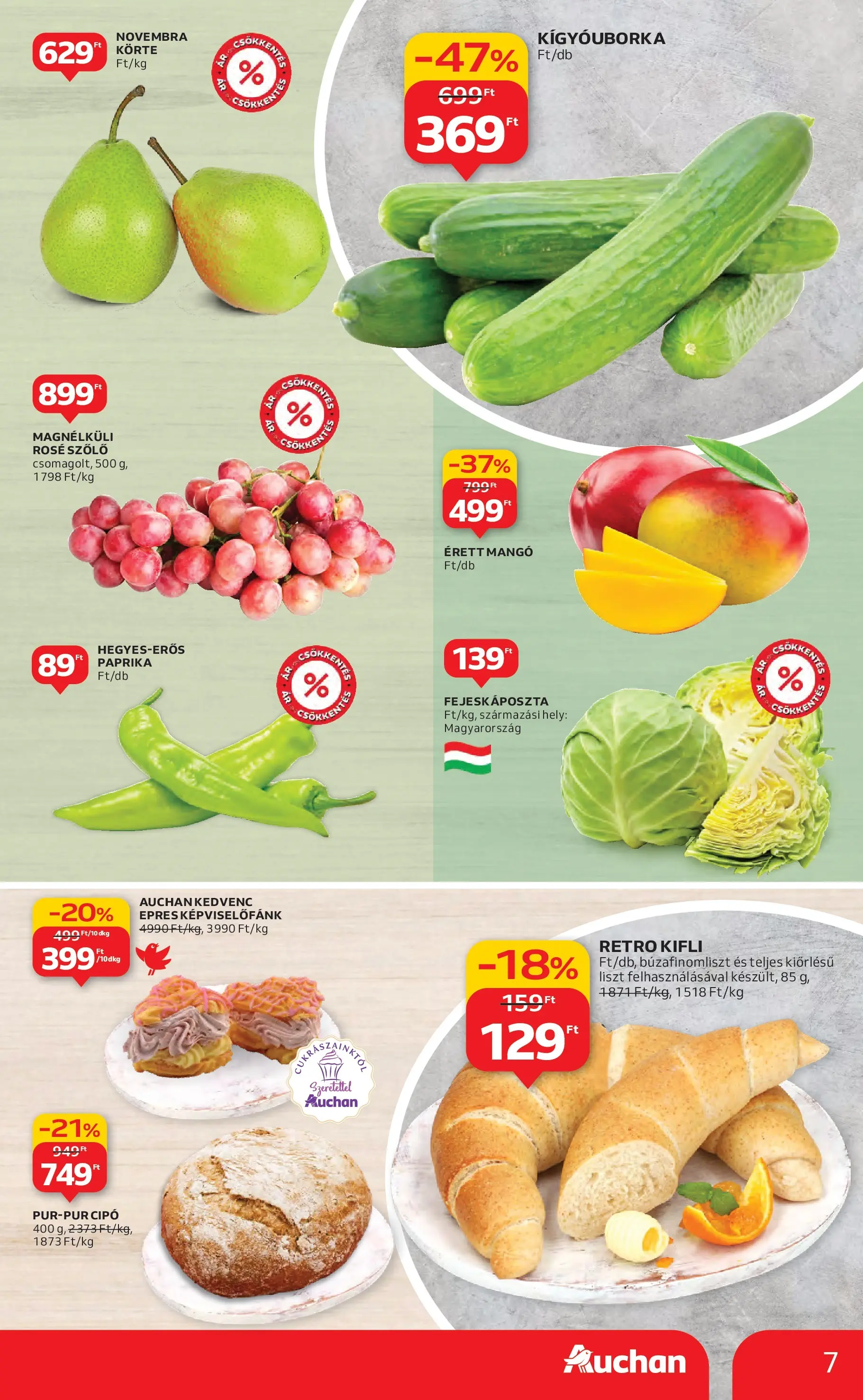 Auchan Akciós újság Miskolc - 2026.01.22. -tól/töl > akció, lapozható szórólap 🛍️ | Oldal: 7 | Termékek: Szőlő, Kígyóuborka, Kifli, Mangó