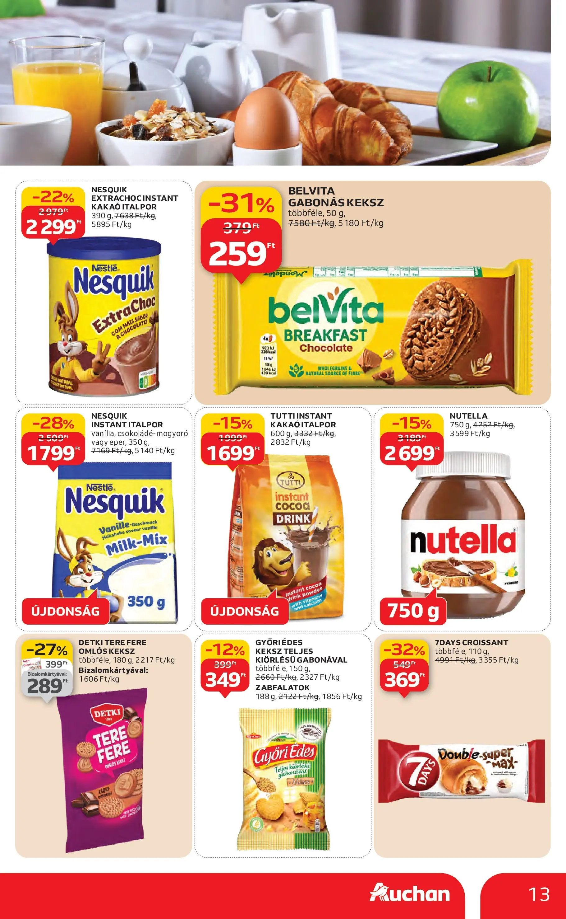 Auchan Akciós újság Miskolc - 2026.01.22. -tól/töl > akció, lapozható szórólap 🛍️ | Oldal: 13 | Termékek: Croissant, Nutella, Nesquik, Italpor