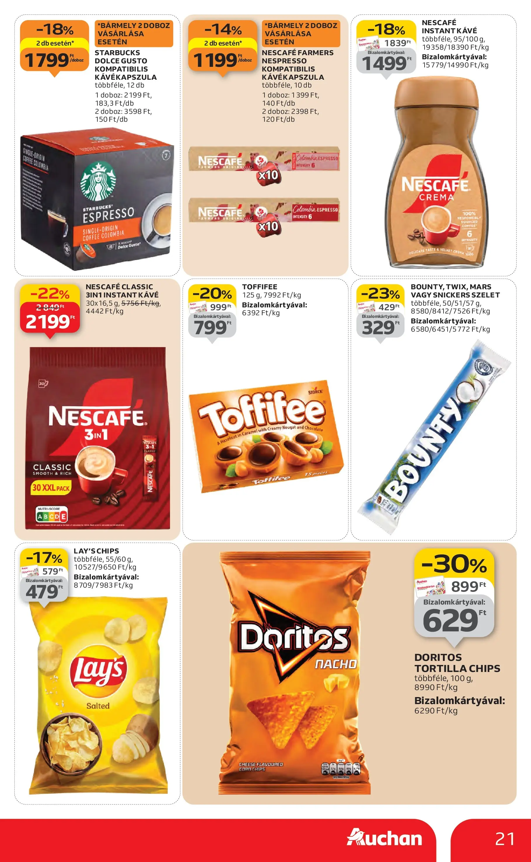 Auchan Akciós újság Miskolc - 2026.01.22. -tól/töl > akció, lapozható szórólap 🛍️ | Oldal: 21 | Termékek: Dolce Gusto, Nescafé, Chips, Instant kávé