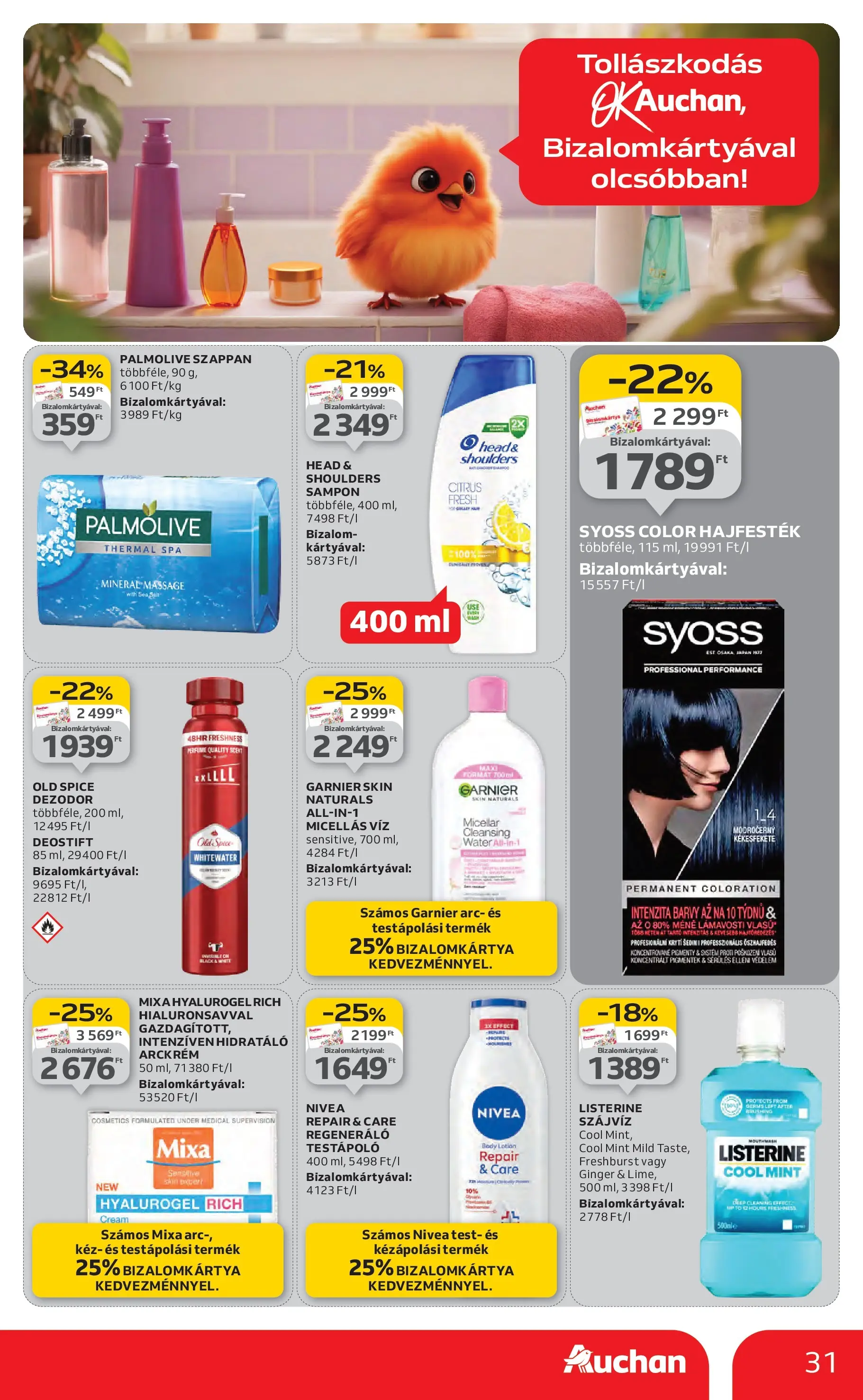 Auchan Akciós újság Miskolc - 2026.01.22. -tól/töl > akció, lapozható szórólap 🛍️ | Oldal: 31 | Termékek: Old spice, Micellás víz, Arckrém, Sampon