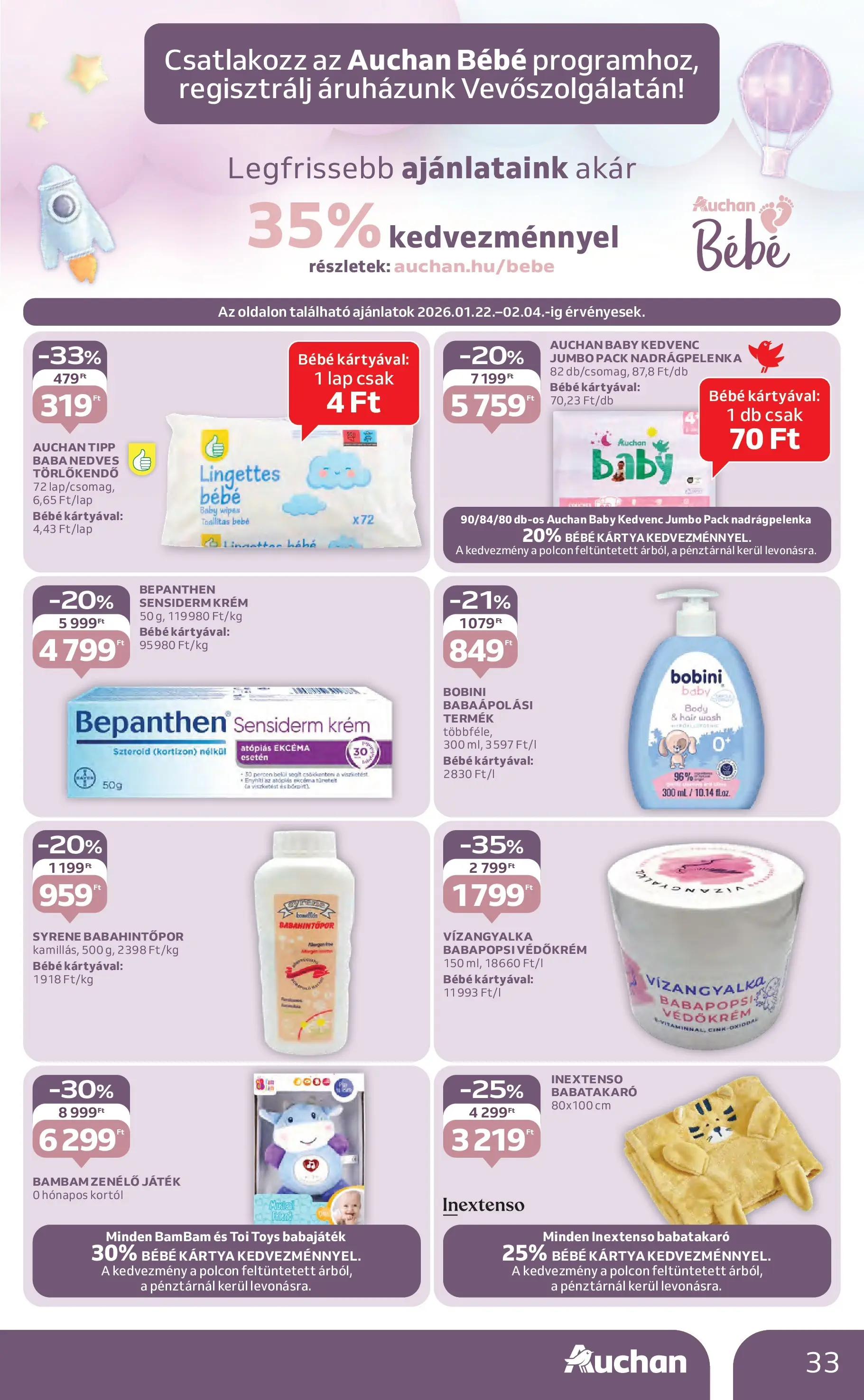 Auchan Akciós újság Miskolc - 2026.01.22. -tól/töl > akció, lapozható szórólap 🛍️ | Oldal: 33 | Termékek: Játék, Body, Törlőkendő, Nedves törlőkendő