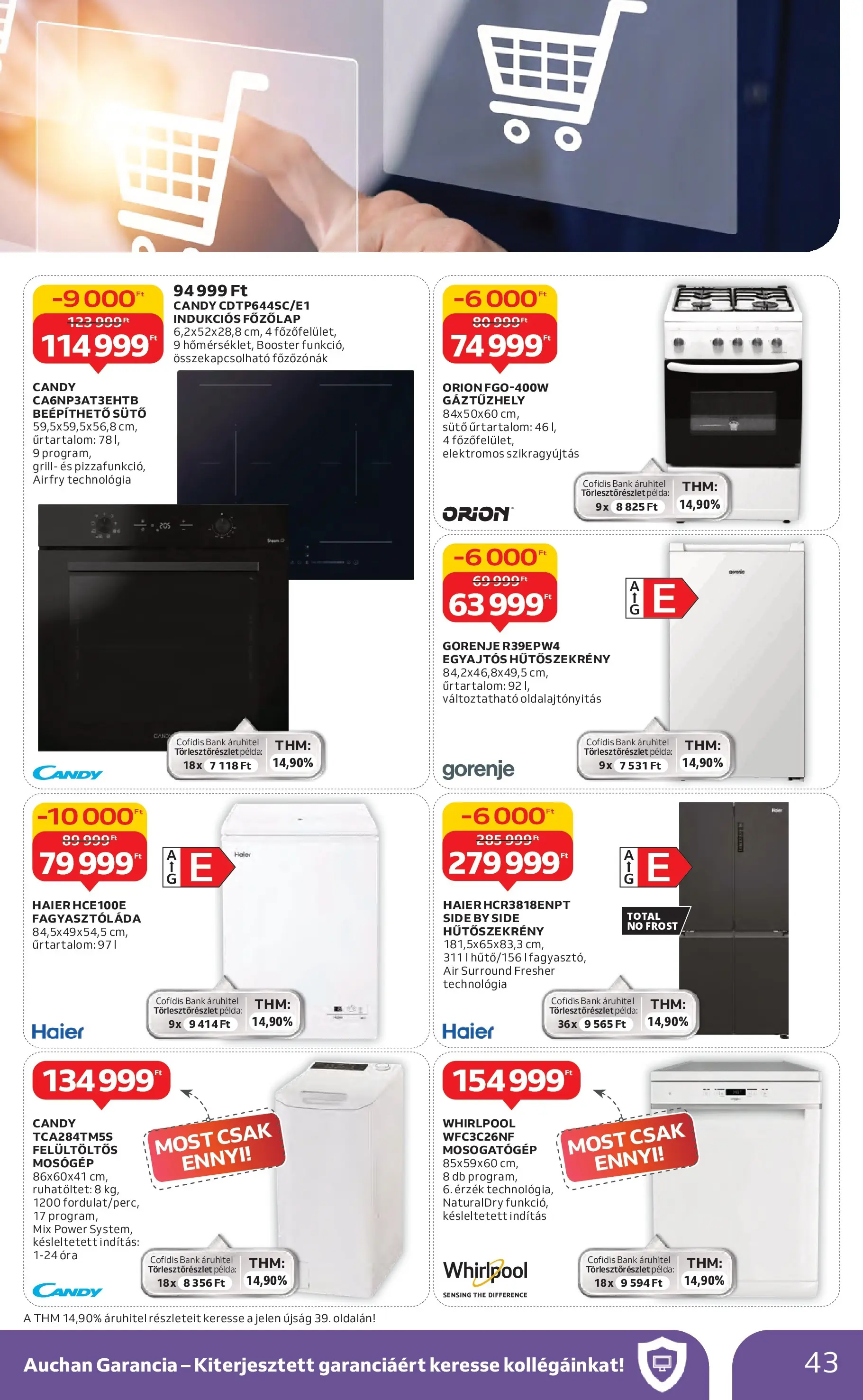 Auchan Akciós újság Miskolc - 2026.01.22. -tól/töl > akció, lapozható szórólap 🛍️ | Oldal: 43 | Termékek: Fagyasztóláda, Mosógép, Indukciós főzőlap, Óra