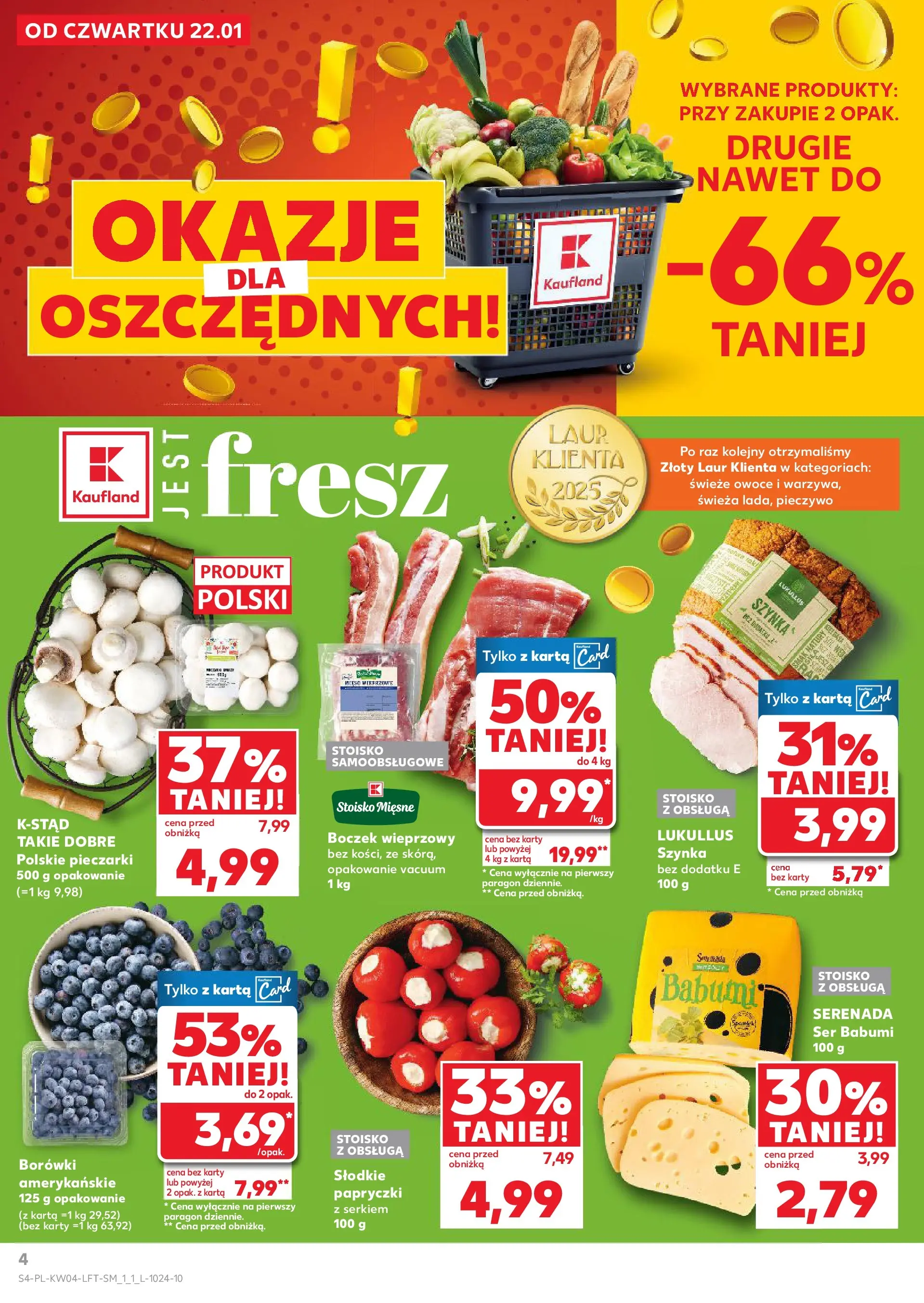 Kaufland gazetka od 22.01.2026 - od jutra PDF | Strona: 4 | Produkty: Karta, Pieczarki, Boczek, Owoce