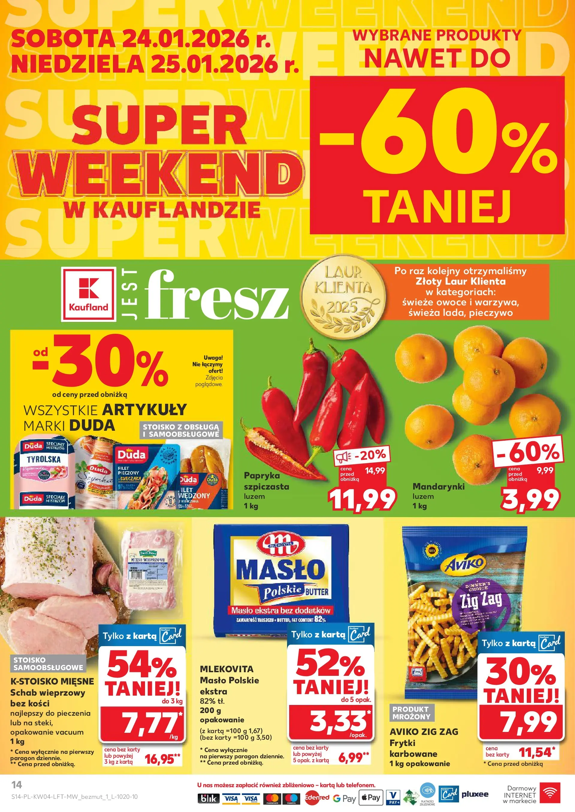 Kaufland gazetka od 22.01.2026 - od jutra PDF | Strona: 14 | Produkty: Karta, Schab wieprzowy, Frytki, Mandarynki