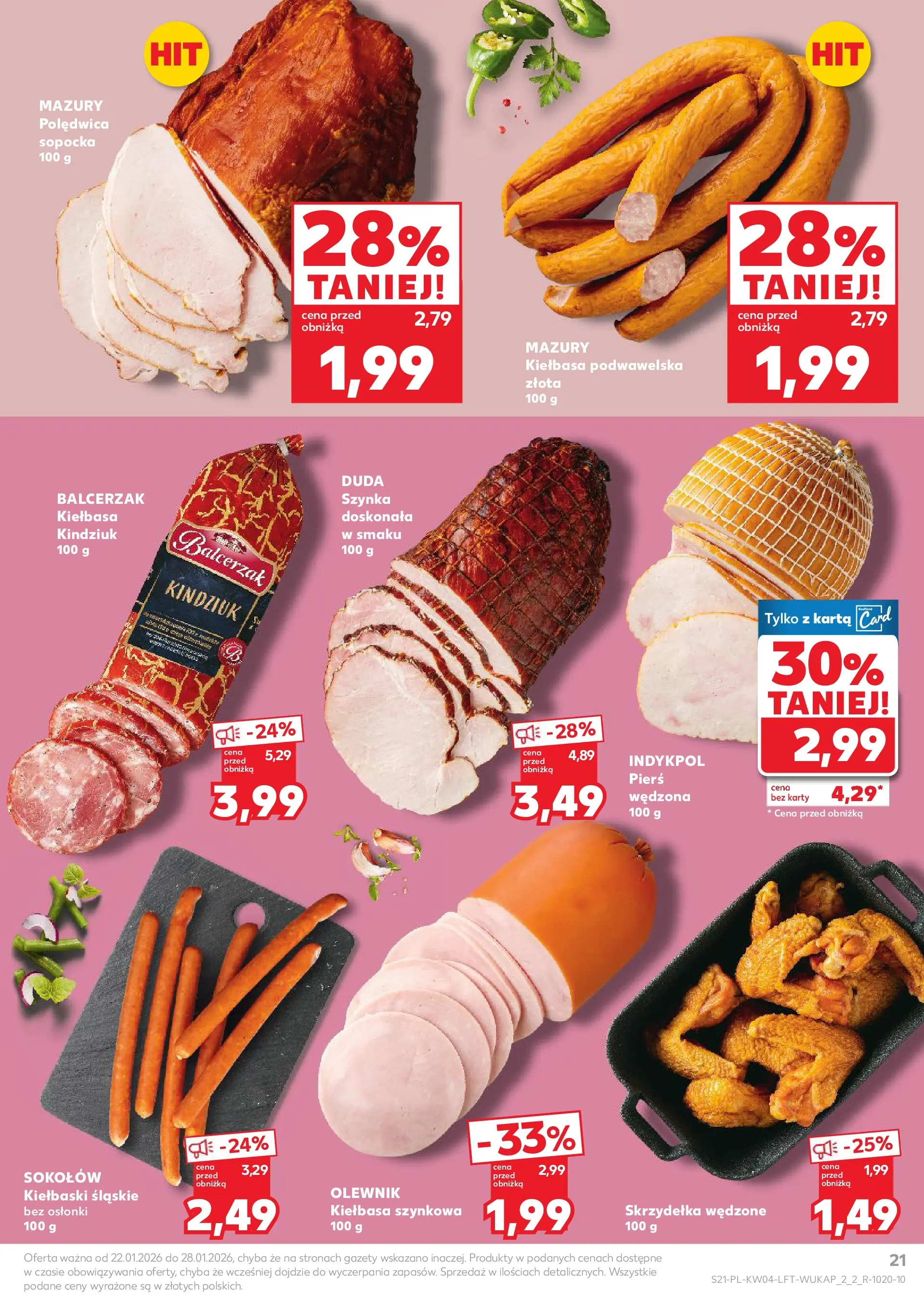 Kaufland gazetka od 22.01.2026 - od jutra PDF | Strona: 21 | Produkty: Karta, Kiełbaski, Szynka, Kiełbasa podwawelska