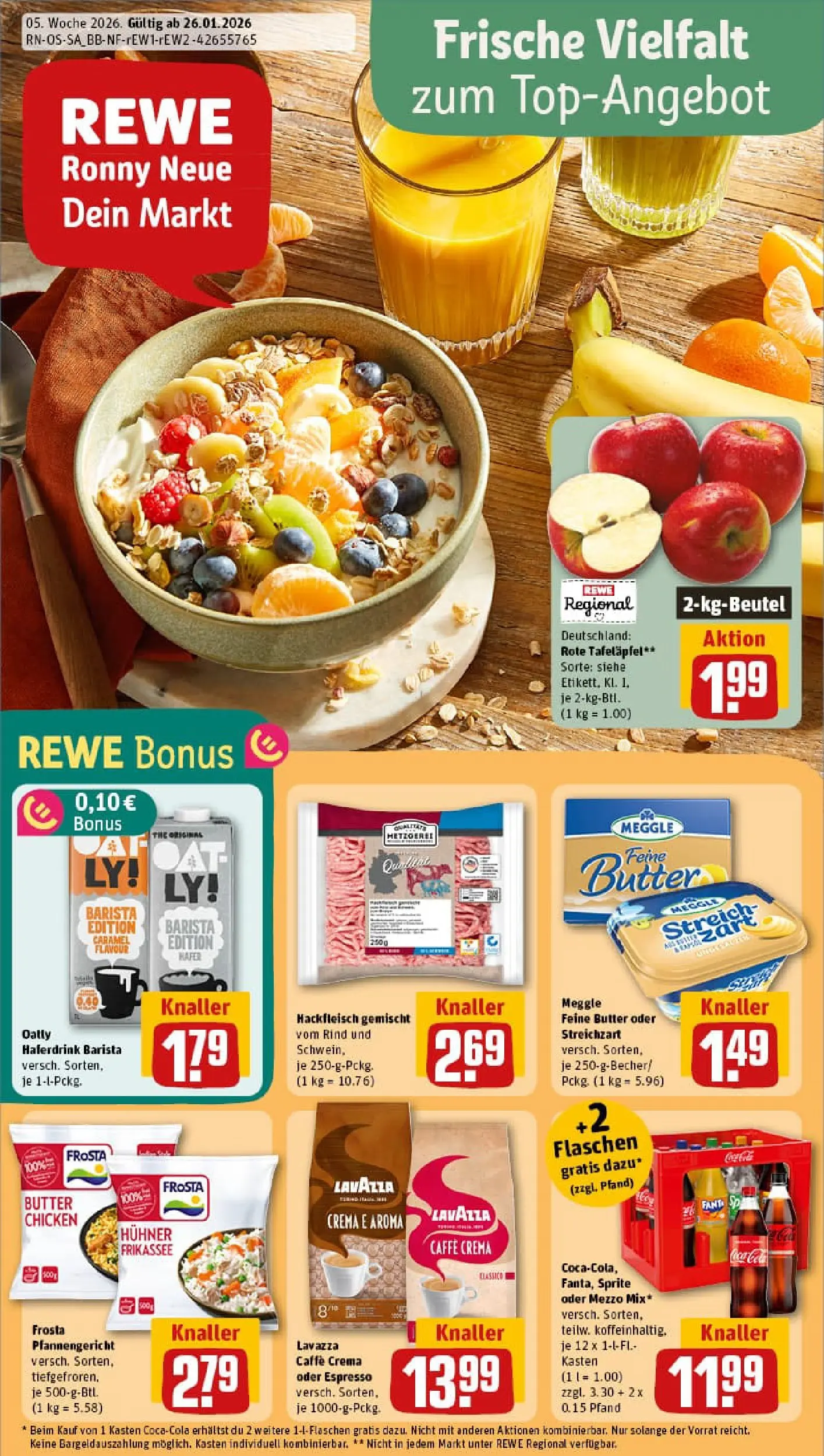 REWE Prospekt ab 26.01.2026 zum Blättern » Angebote | Seite: 1 | Produkte: Mezzo mix, Frosta, Haferdrink, Hackfleisch