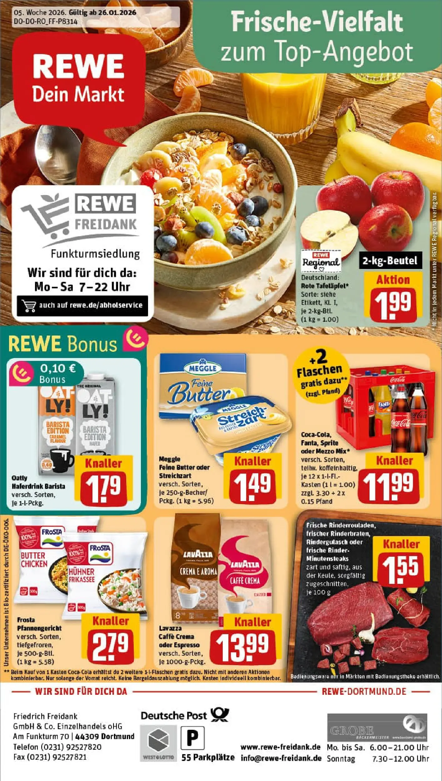 REWE Prospekt ab 26.01.2026 zum Blättern » Angebote | Seite: 1 | Produkte: Lavazza, Sprite, Haferdrink, Oatly