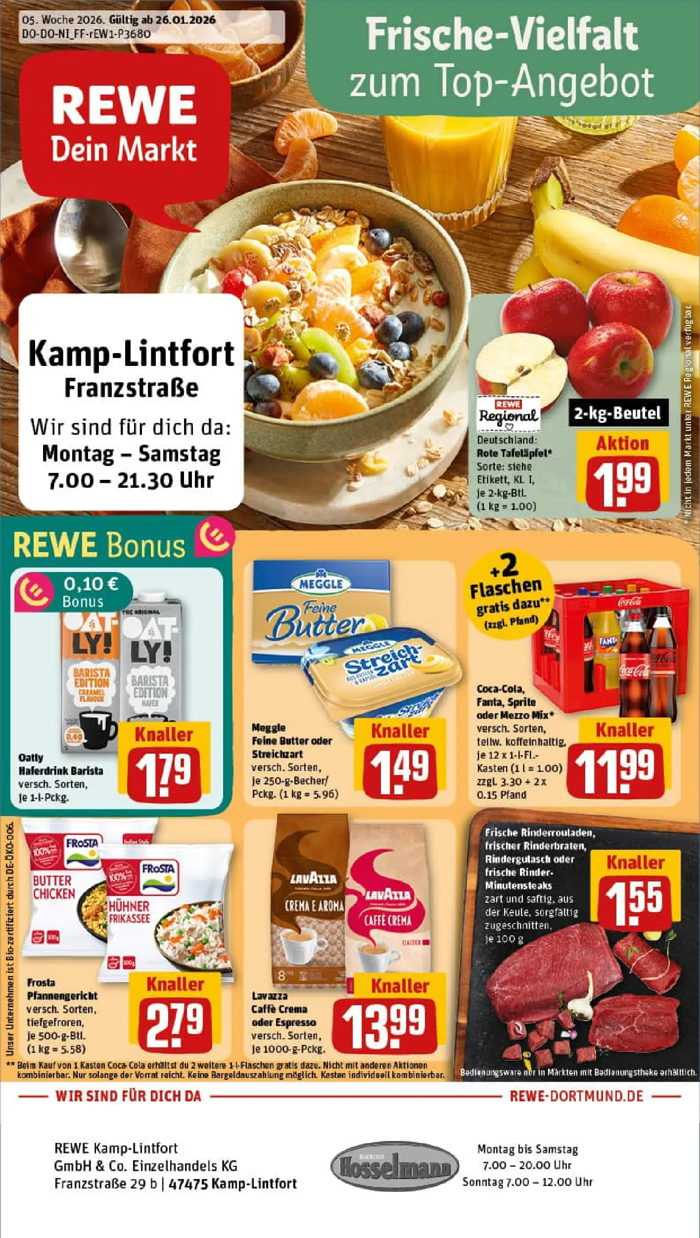 REWE Prospekt ab 26.01.2026 zum Blättern » Angebote | Seite: 1 | Produkte: Lavazza, Butter, Haferdrink, Uhr