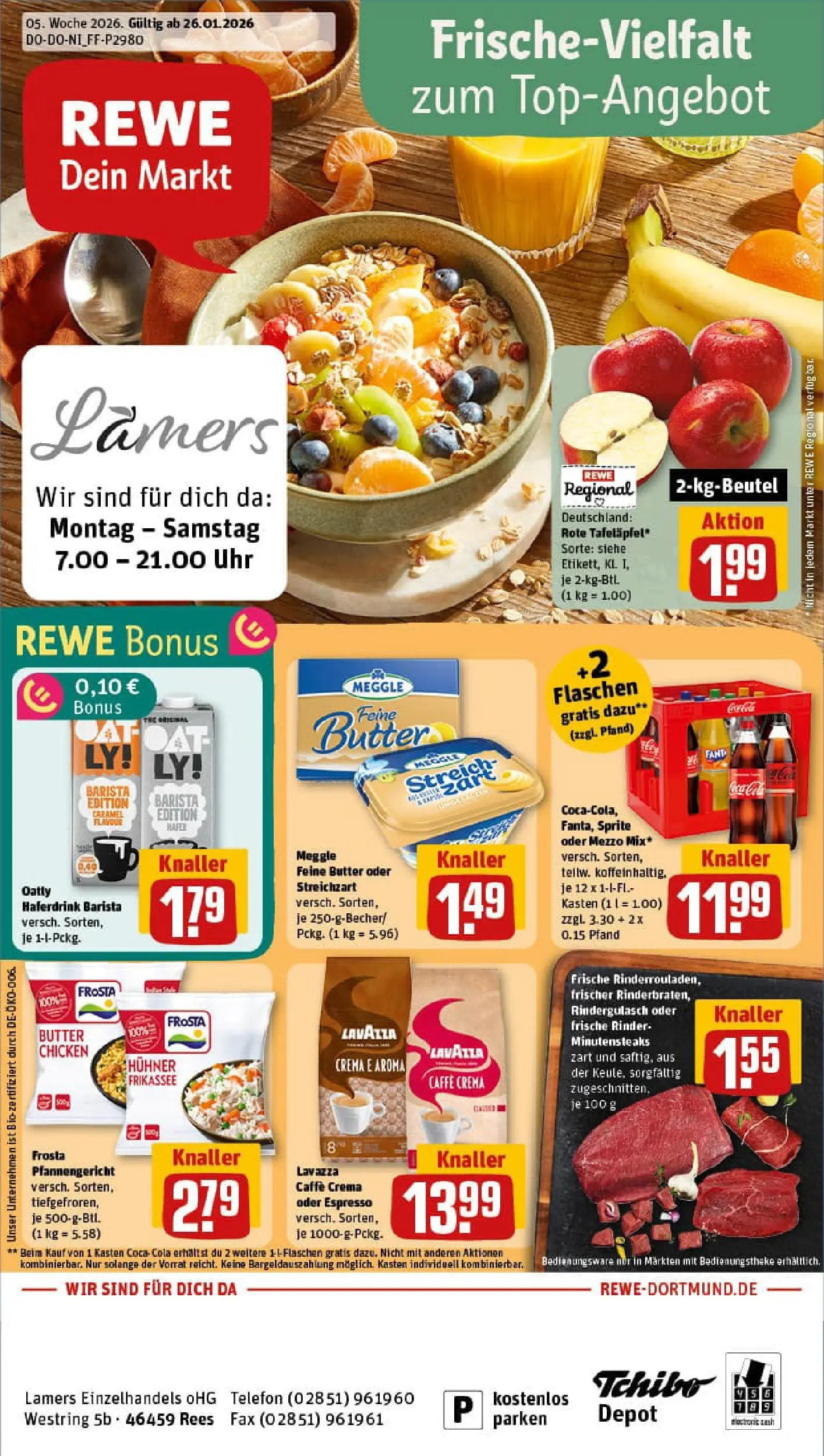 REWE Prospekt ab 26.01.2026 zum Blättern » Angebote | Seite: 1 | Produkte: Lavazza, Sprite, Haferdrink, Uhr