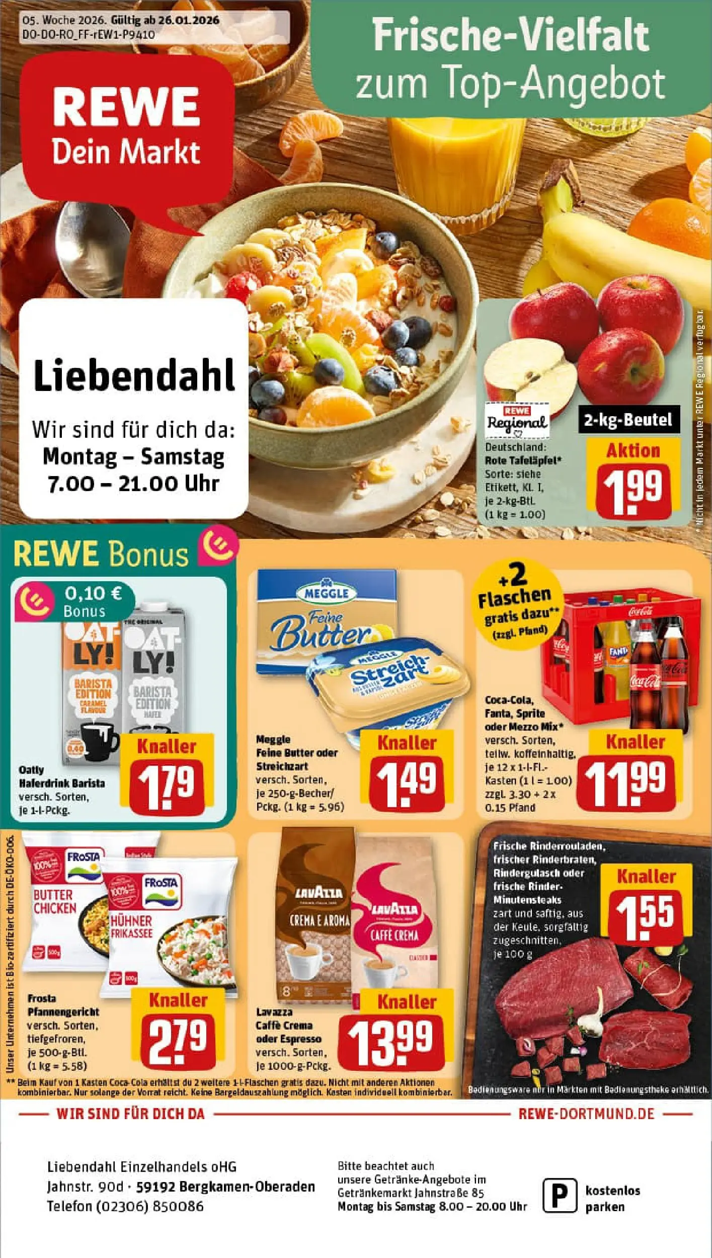 REWE Prospekt ab 26.01.2026 zum Blättern » Angebote | Seite: 1 | Produkte: Rindergulasch, Lavazza, Frosta, Uhr