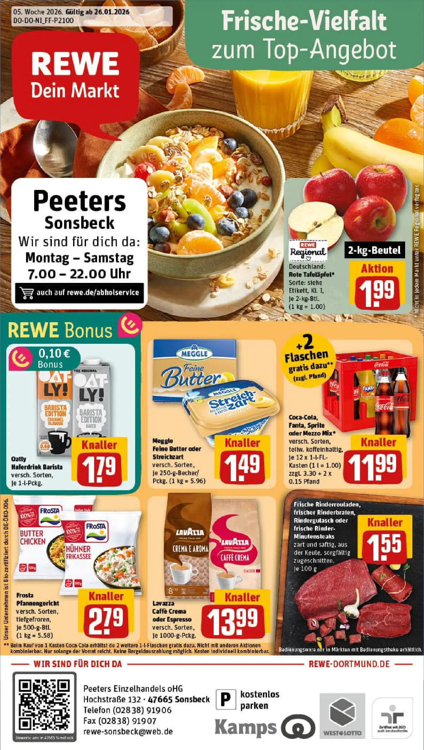 REWE Prospekt ab 26.01.2026 zum Blättern » Angebote | Seite: 1 | Produkte: Lavazza, Butter, Oatly, Telefon